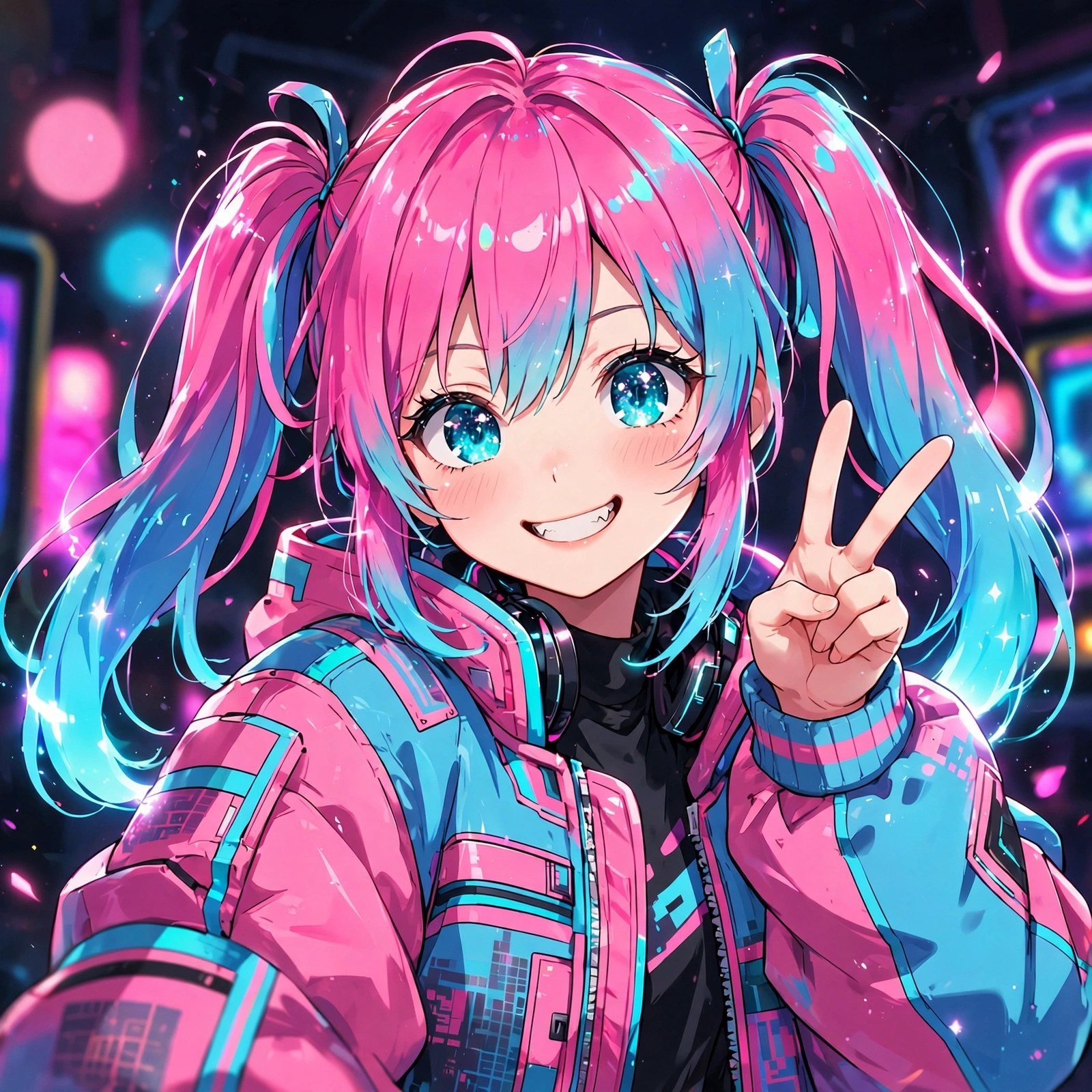 Portrait of anime-style gamer girl Uri Quinn with neon pink and cyan twin-tails, confident grin, arcade lights behind her