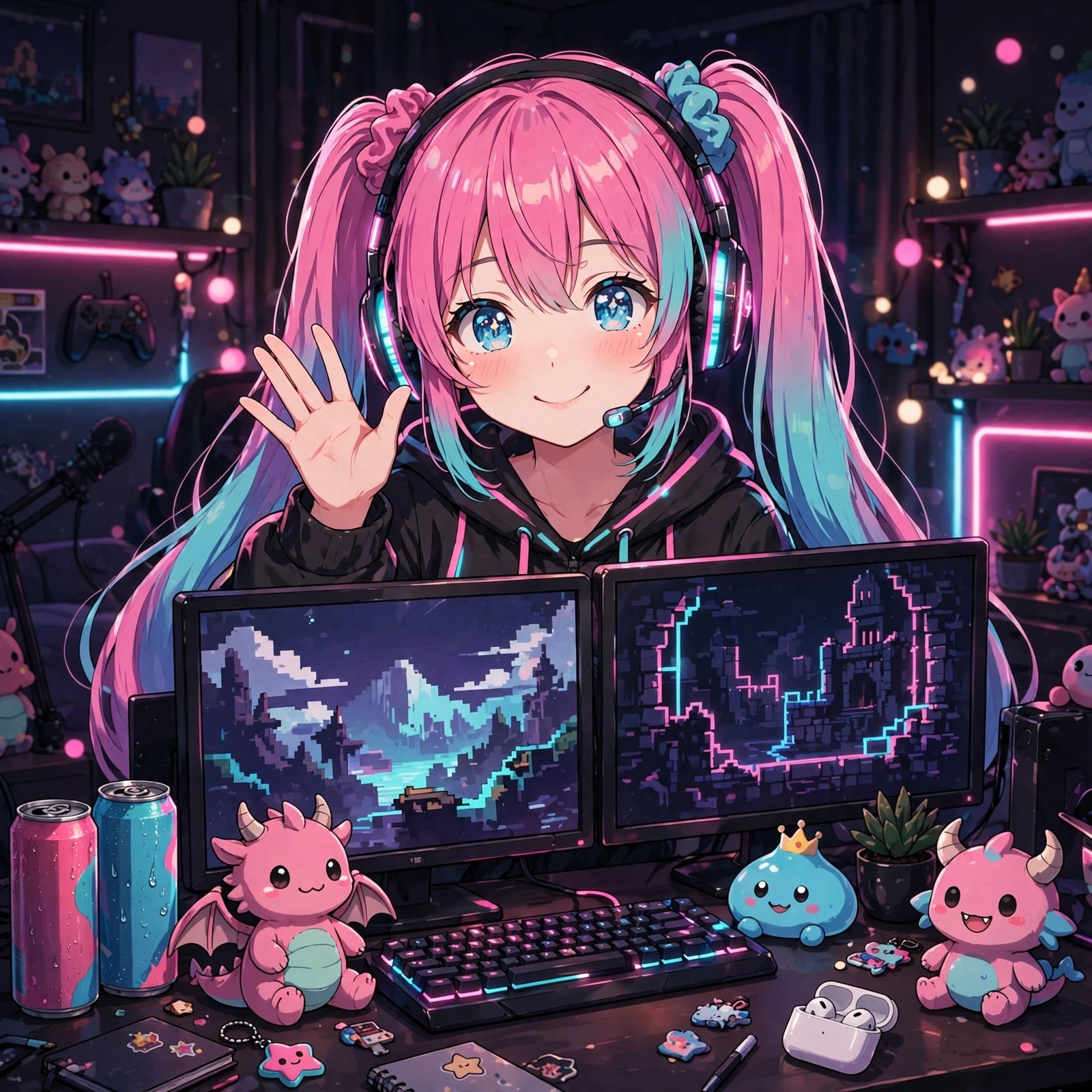 Uri Quinn at her streaming setup wearing a glowing headset, energy drinks and plushies on the desk, pink-cyan room glow
