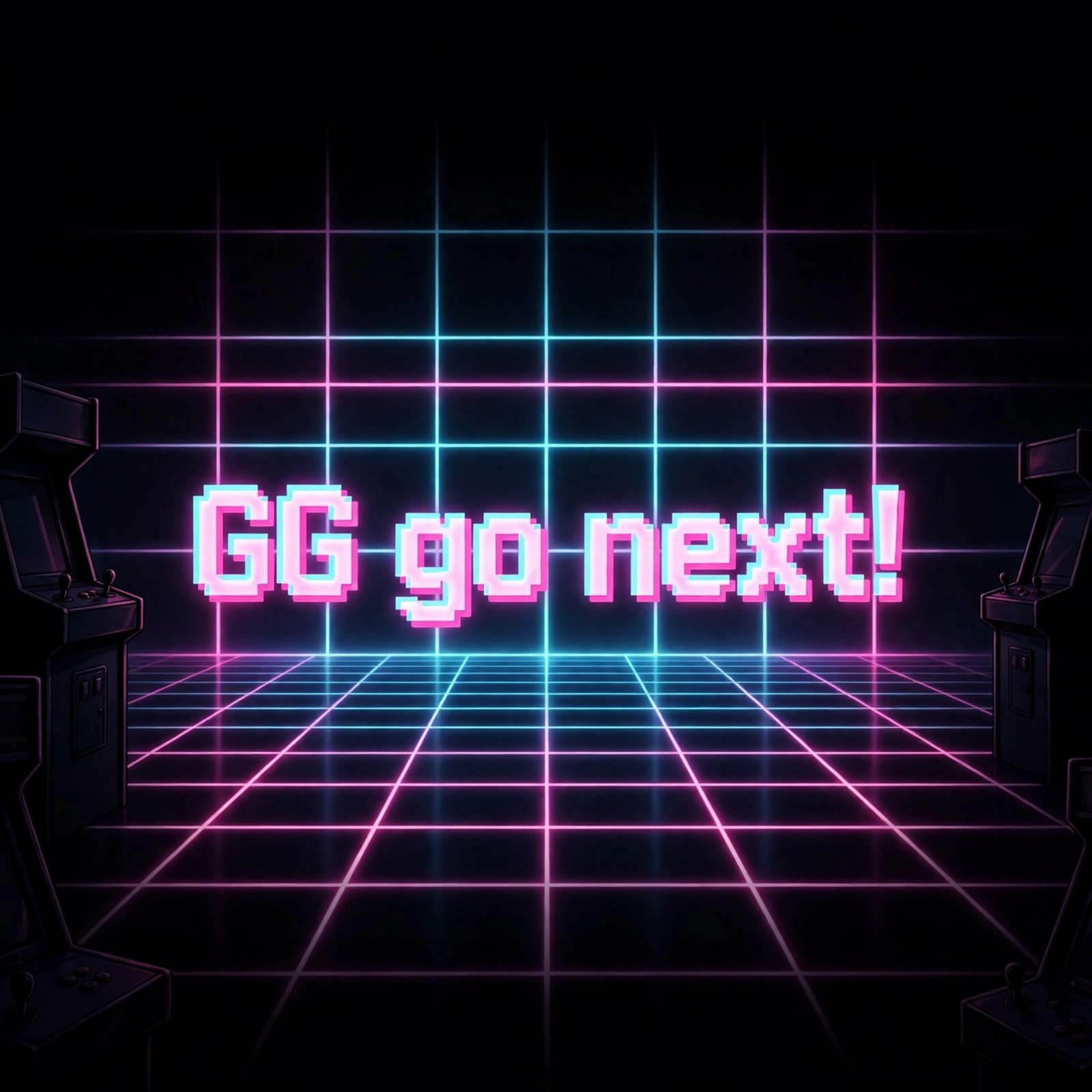 Quote card: neon arcade background with the line 'GG go next!' in glowing letters centered in the middle of the image