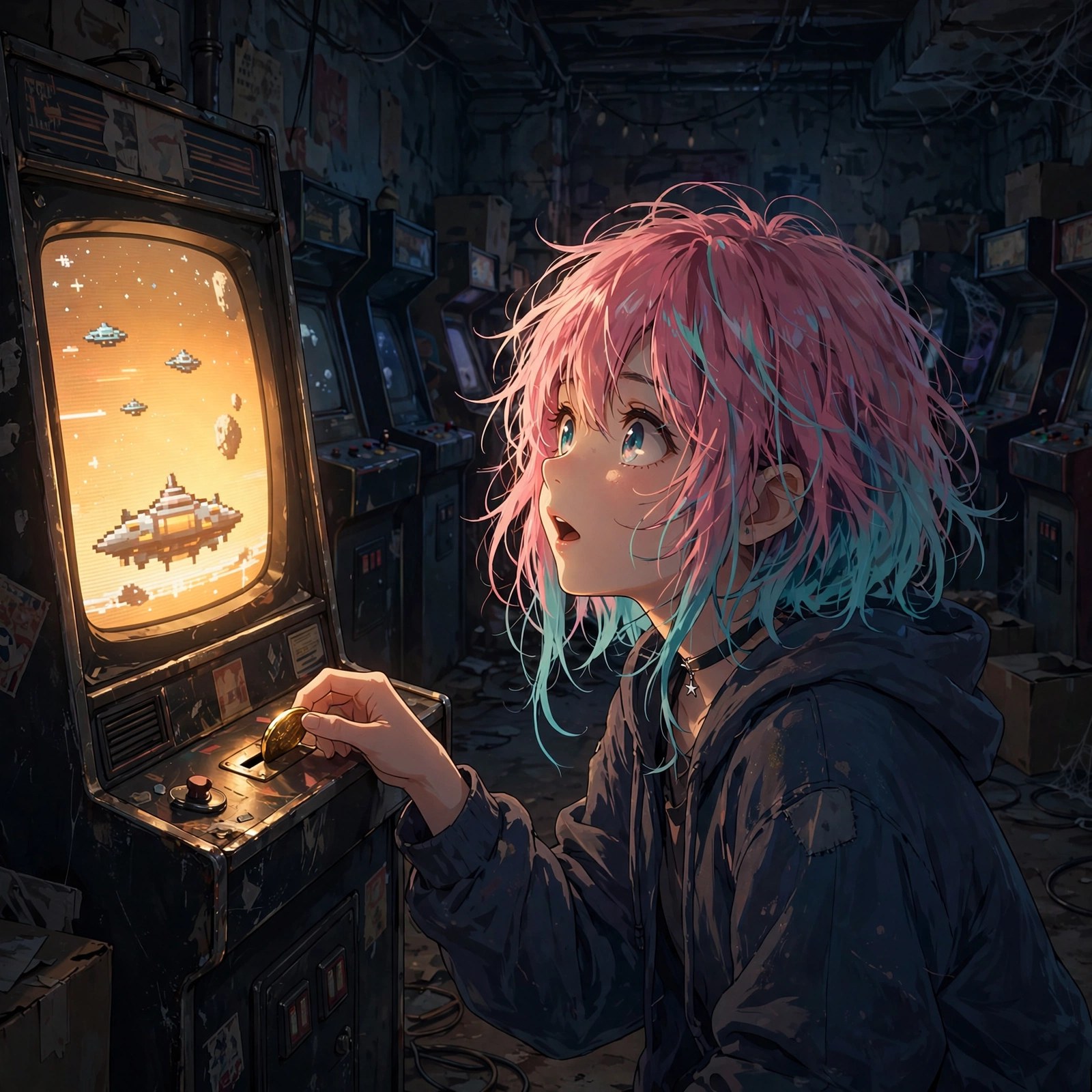 Young Uri at a vintage corner arcade cabinet in a dim basement arcade, feeding in a token, warm nostalgic glow
