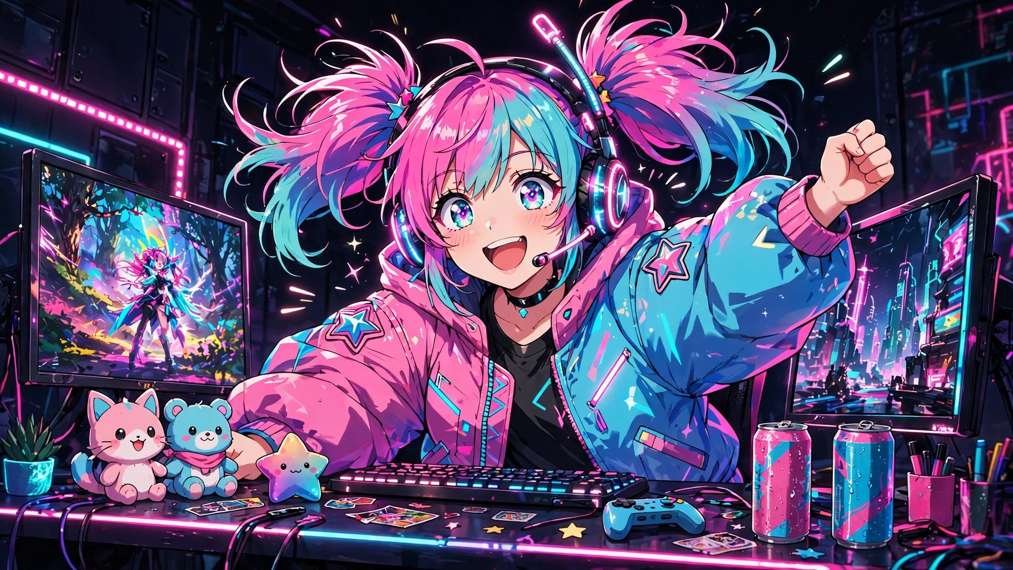 Wide AI-generated illustration of Uri Quinn at her streaming setup, headset on, neon pink-cyan room glow, the animated gamer persona mid-hype