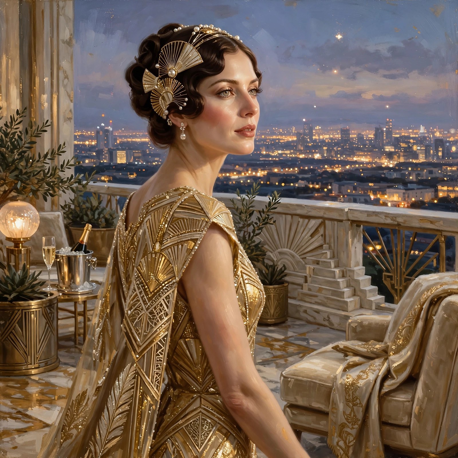 AI-generated art of a glamorous billionaire woman in gold and black on a penthouse terrace at dusk, no text