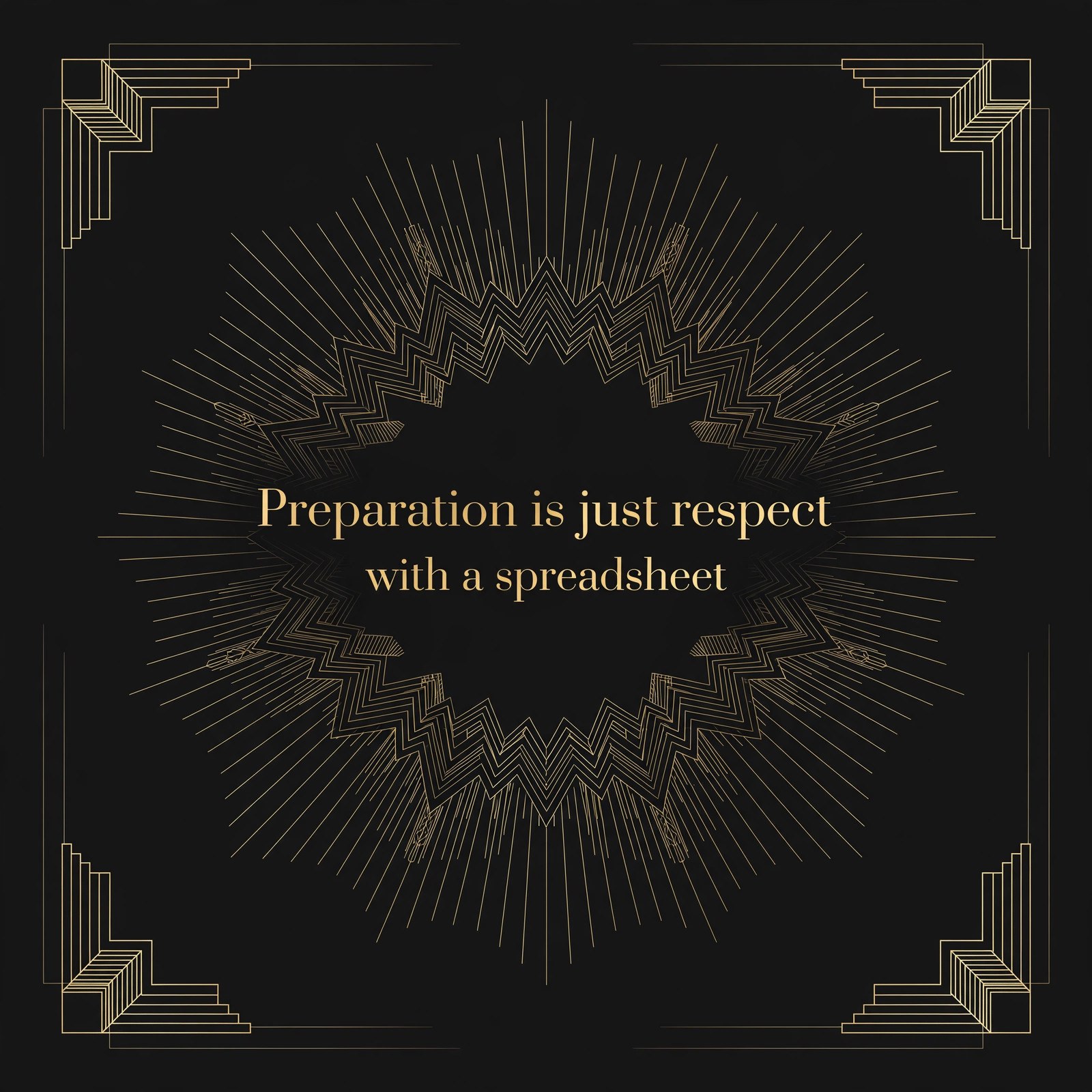 AI-generated art of gold art-deco lines on black with the words Preparation is just respect with a spreadsheet centered in the middle of the image