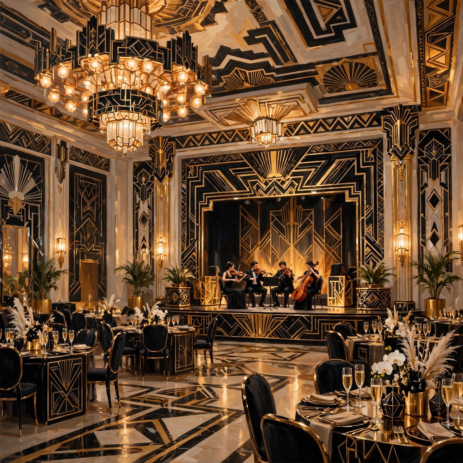 AI-generated art of a grand art-deco gala ballroom in gold and champagne with a string quartet, no text