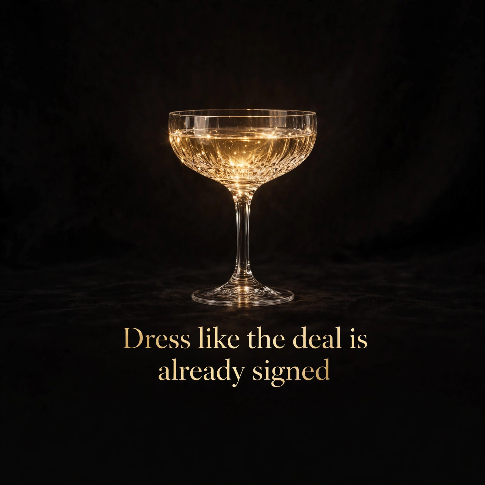 AI-generated art of a champagne coupe in gold light with the words Dress like the deal is already signed centered in the middle of the image