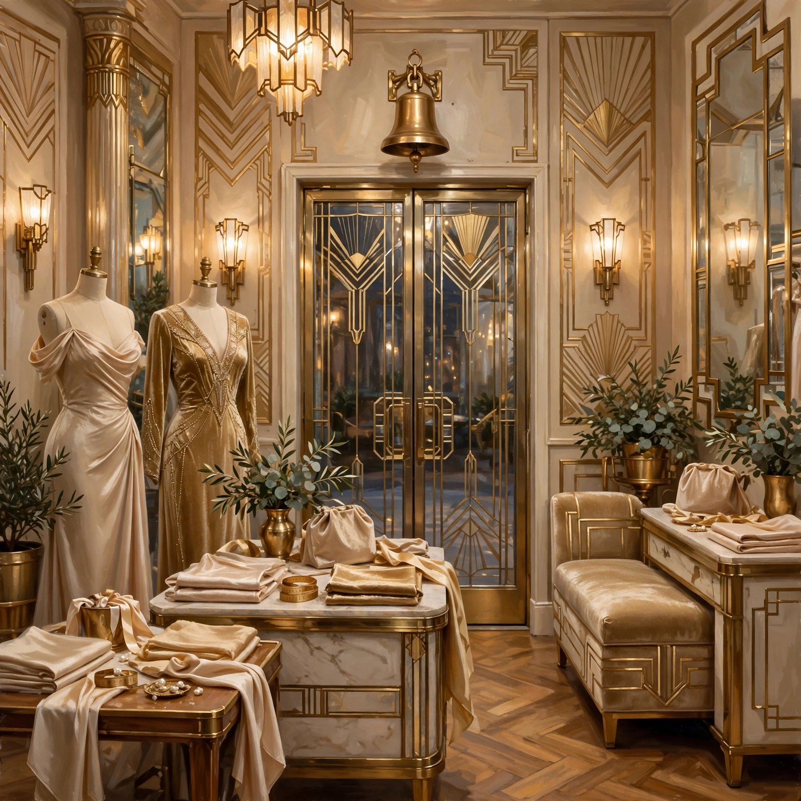 AI-generated art of an elegant boutique interior with twelve tables, a brass bell over the door, gold and champagne tones, no text