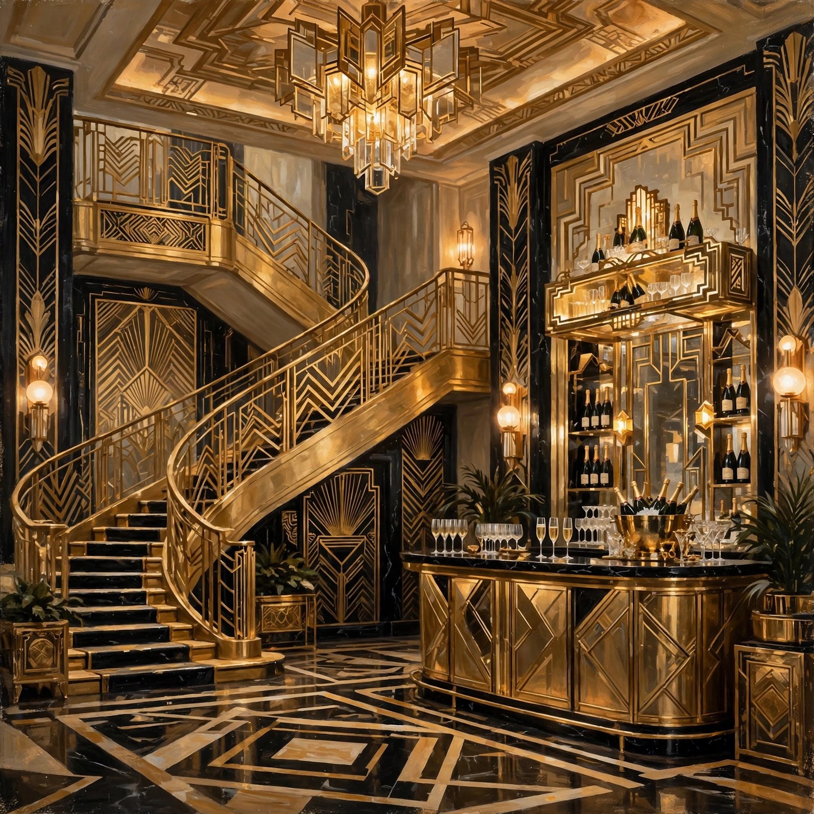 AI-generated art of a luxurious art-deco hotel lobby in gold, champagne and black with a champagne bar, no text