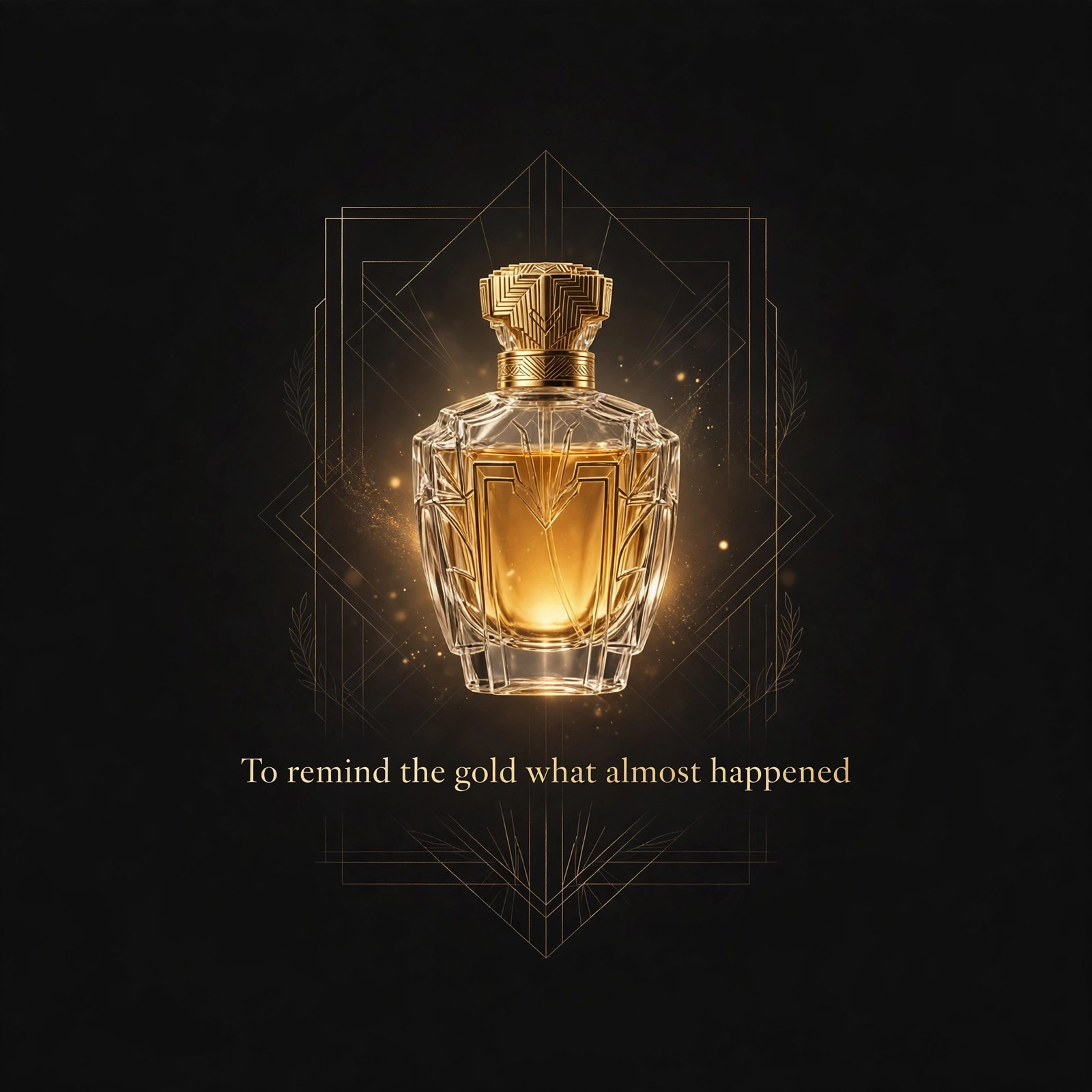 AI-generated art of a perfume bottle in gold light with the words To remind the gold what almost happened centered in the middle of the image