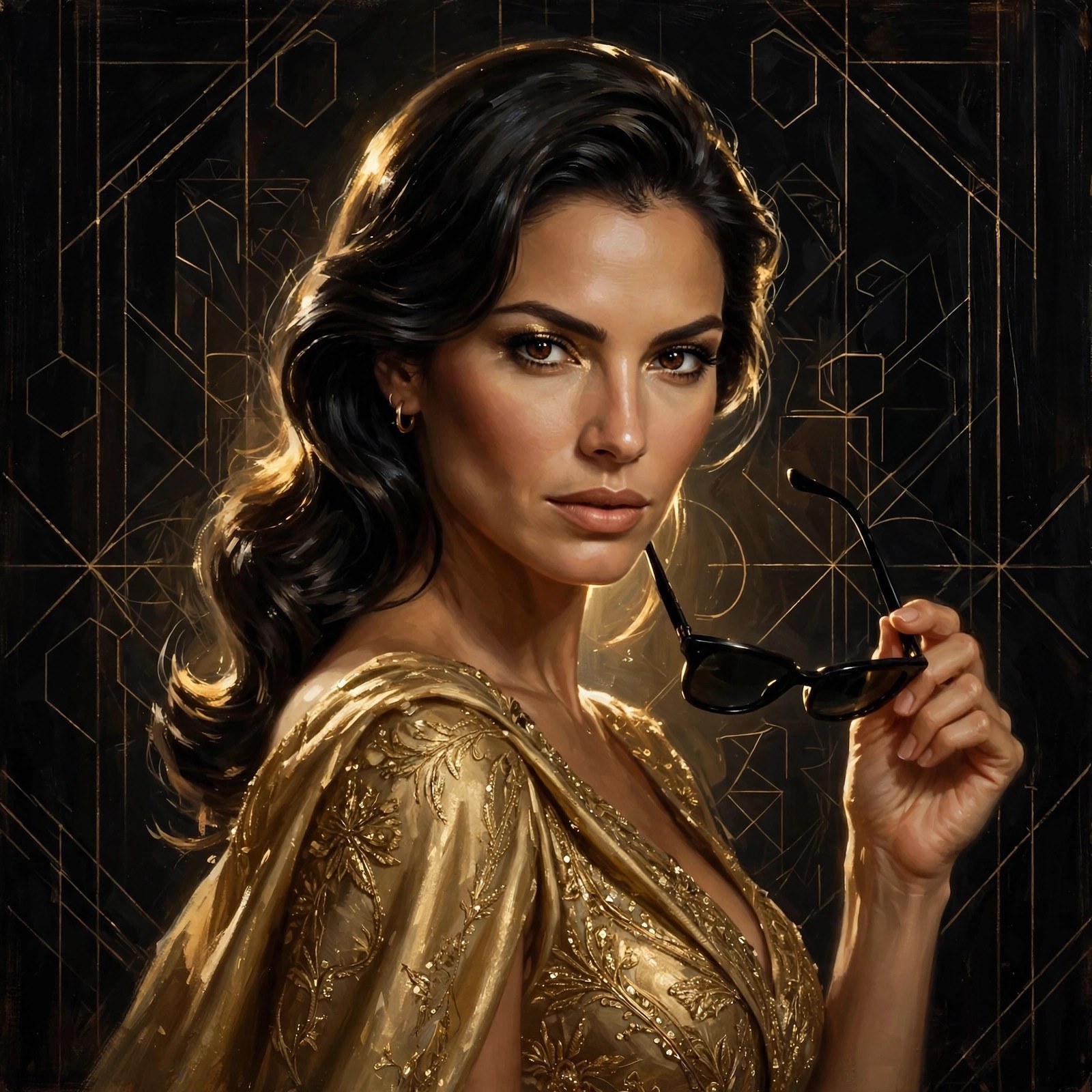 AI-generated art of a glamorous billionaire woman in a gold deco gown with dark glasses being removed, black background, no text