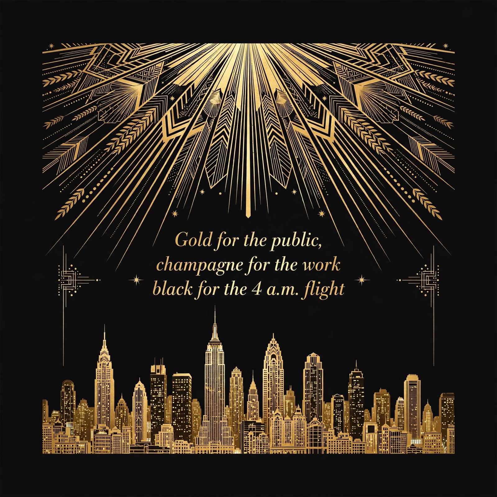 AI-generated art of a night city skyline in gold with the words Gold for the public, champagne for the work, black for the 4 a.m. flight centered in the middle of the image