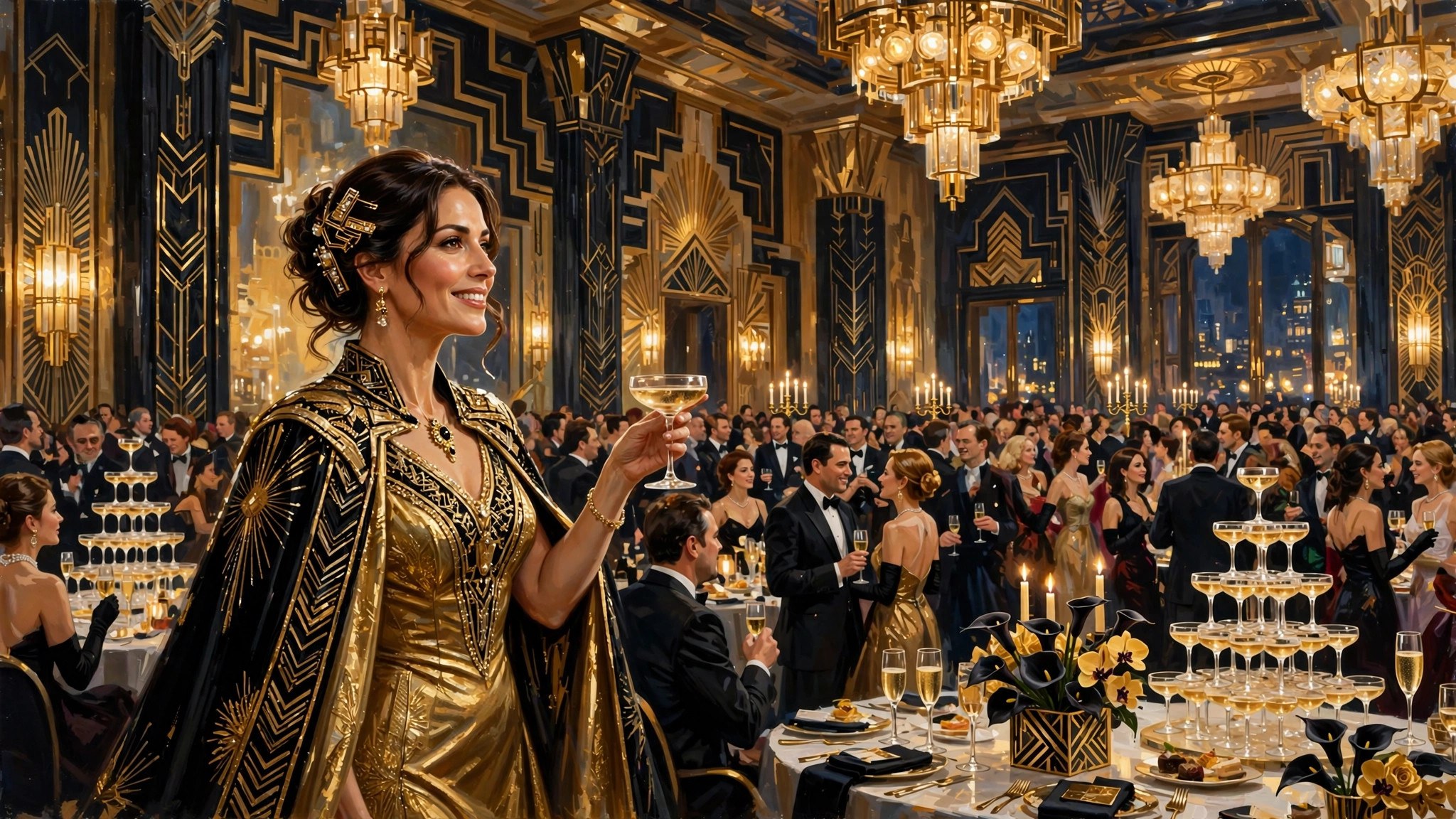 AI-generated wide illustration of the billionaire hosting a grand art-deco gala ballroom