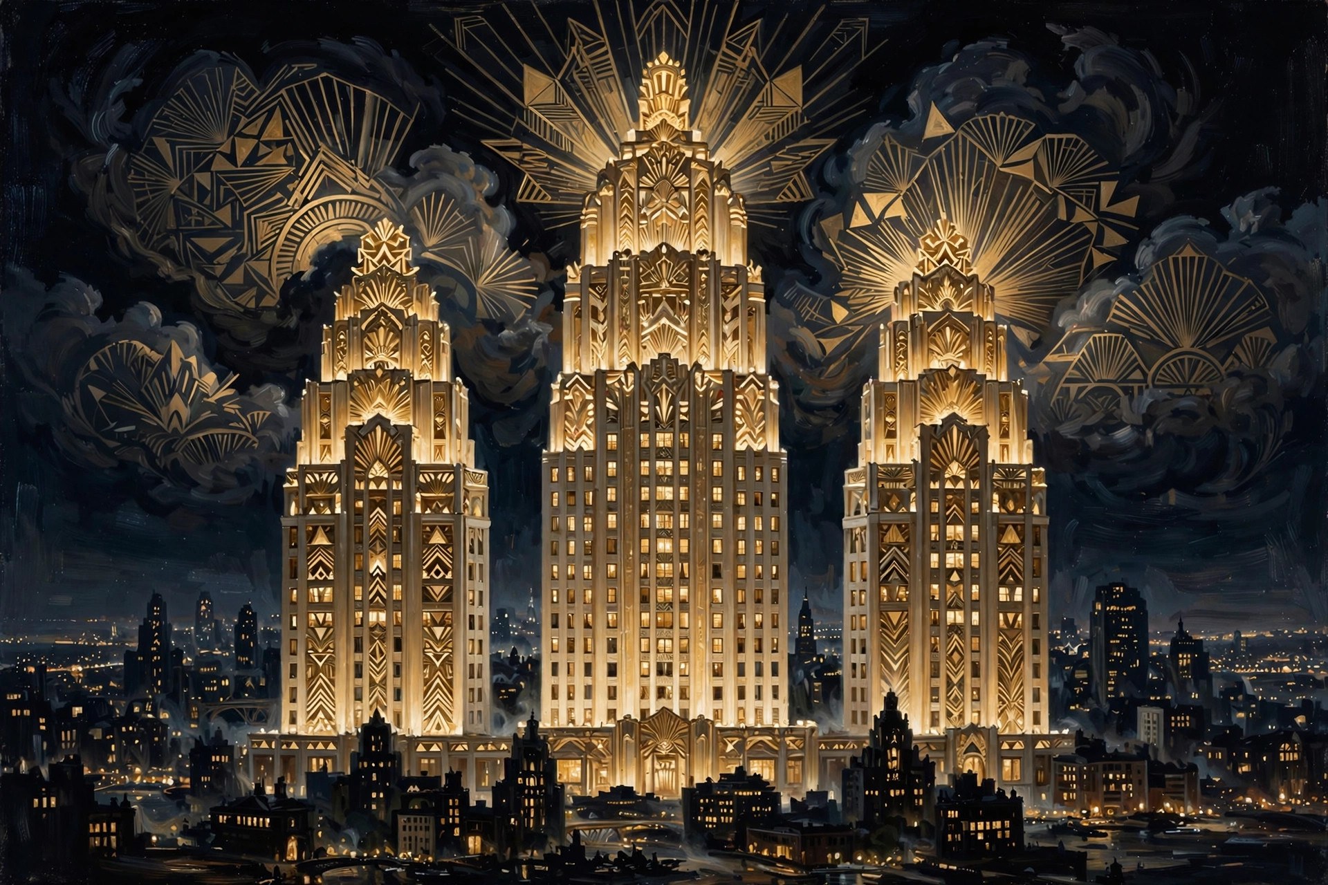 AI-generated illustration of a night city skyline with glowing art-deco hotel towers