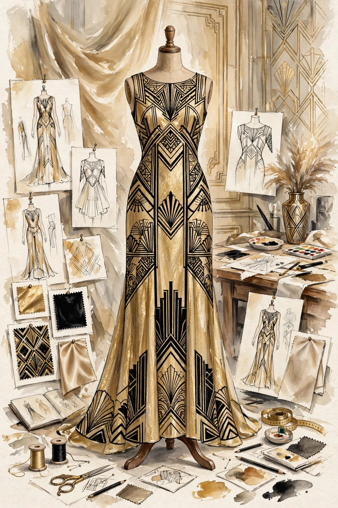 AI-generated fashion illustration of a gold and black art-deco evening gown in an atelier