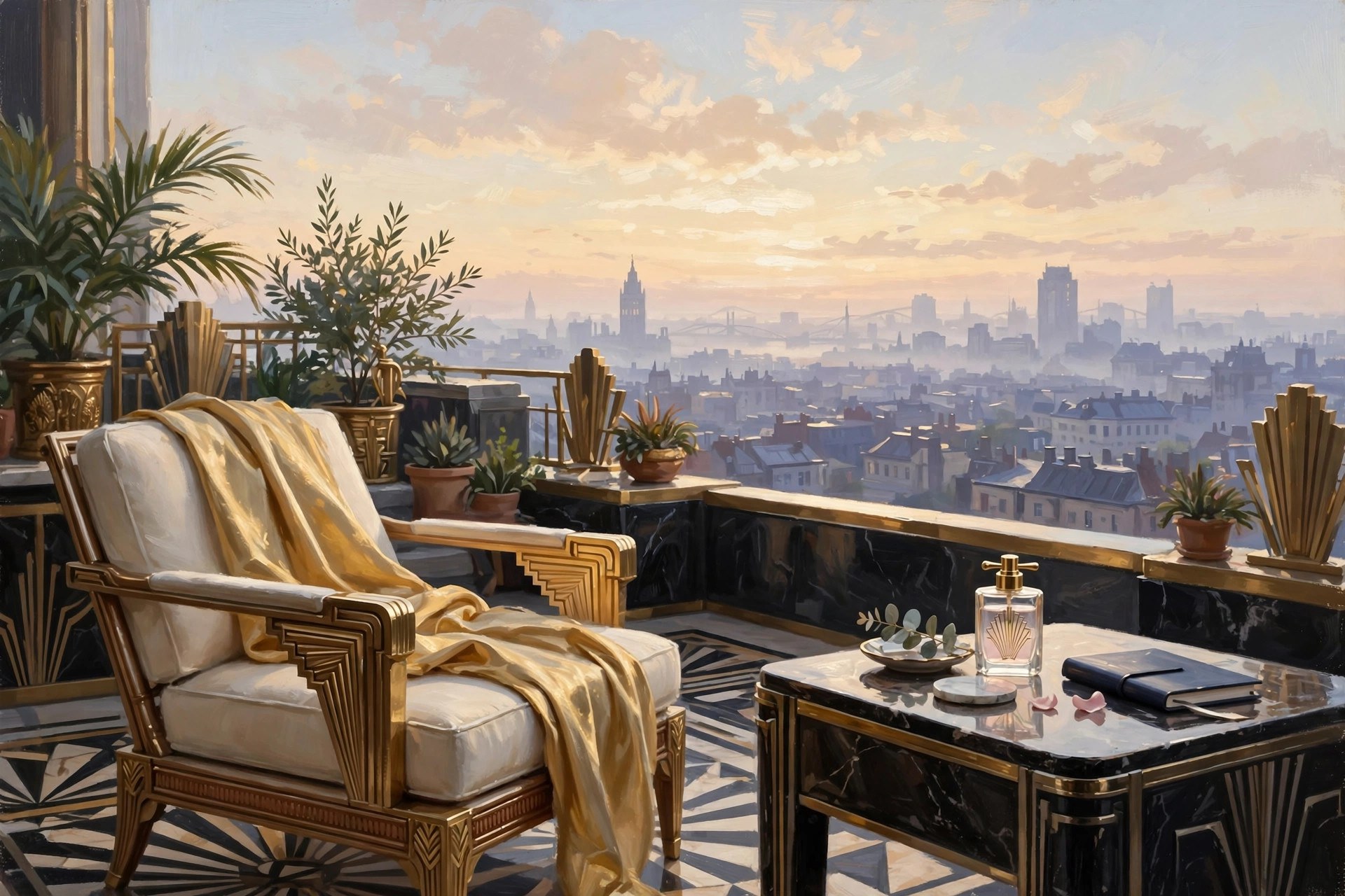 AI-generated illustration of a serene art-deco penthouse terrace at dawn