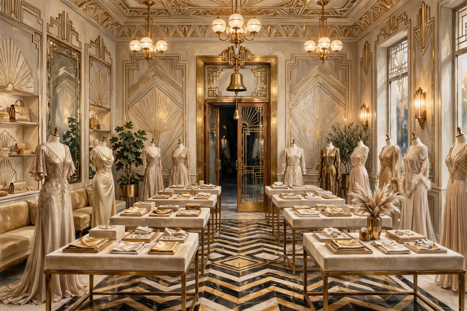 AI-generated illustration of a chic boutique interior with a brass bell over the door