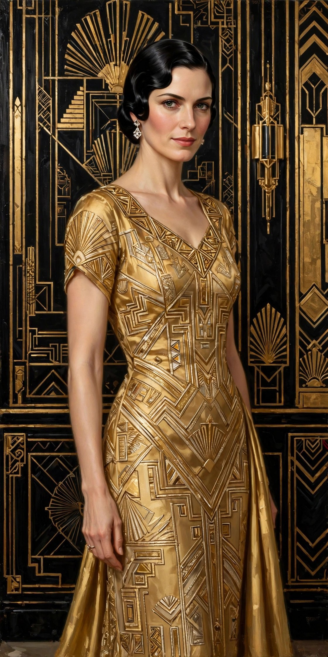 AI-generated portrait of a glamorous fictional billionaire woman in a gold art-deco gown