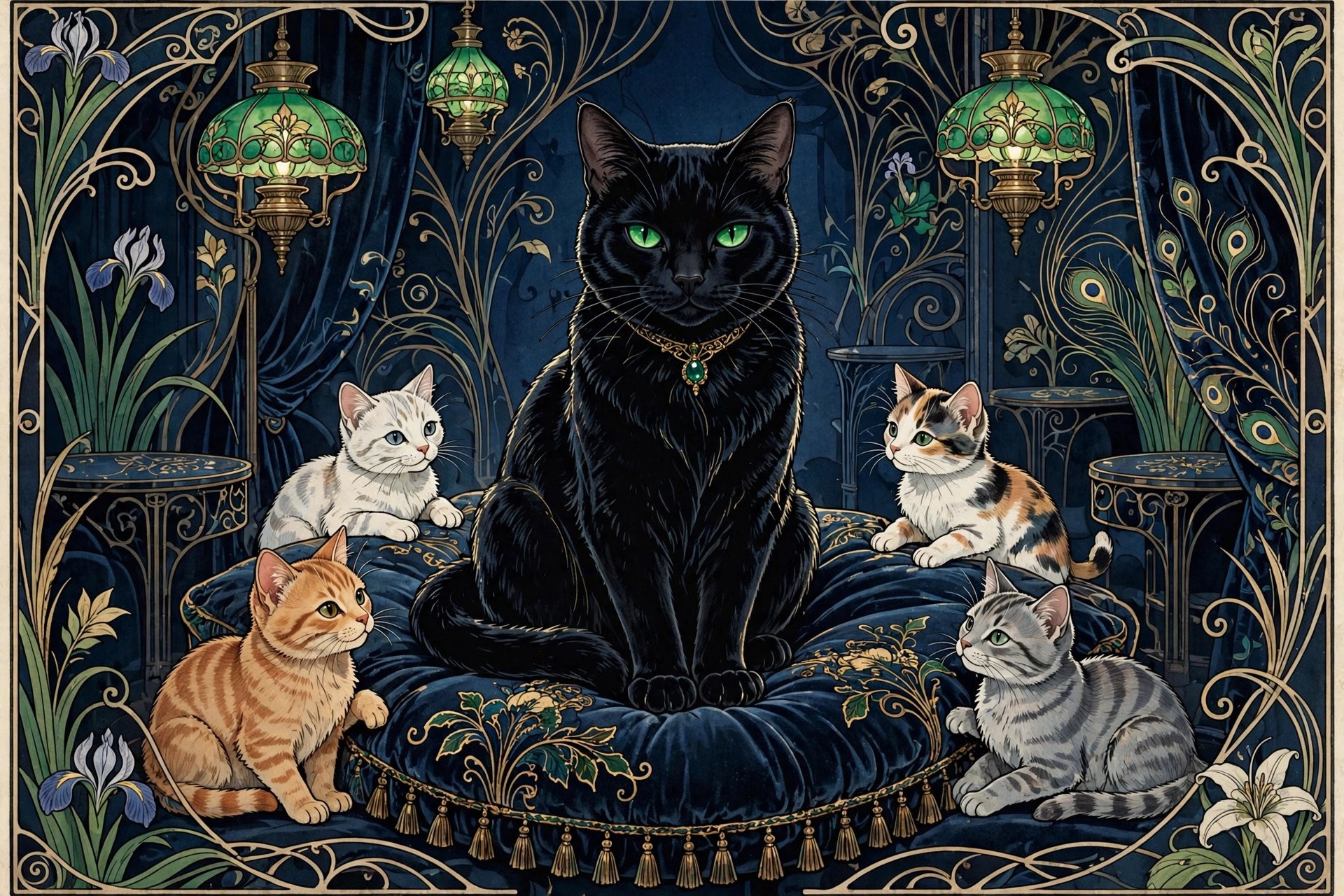AI art-nouveau illustration of Velvet Damnation Cat Jon surrounded by feline companions