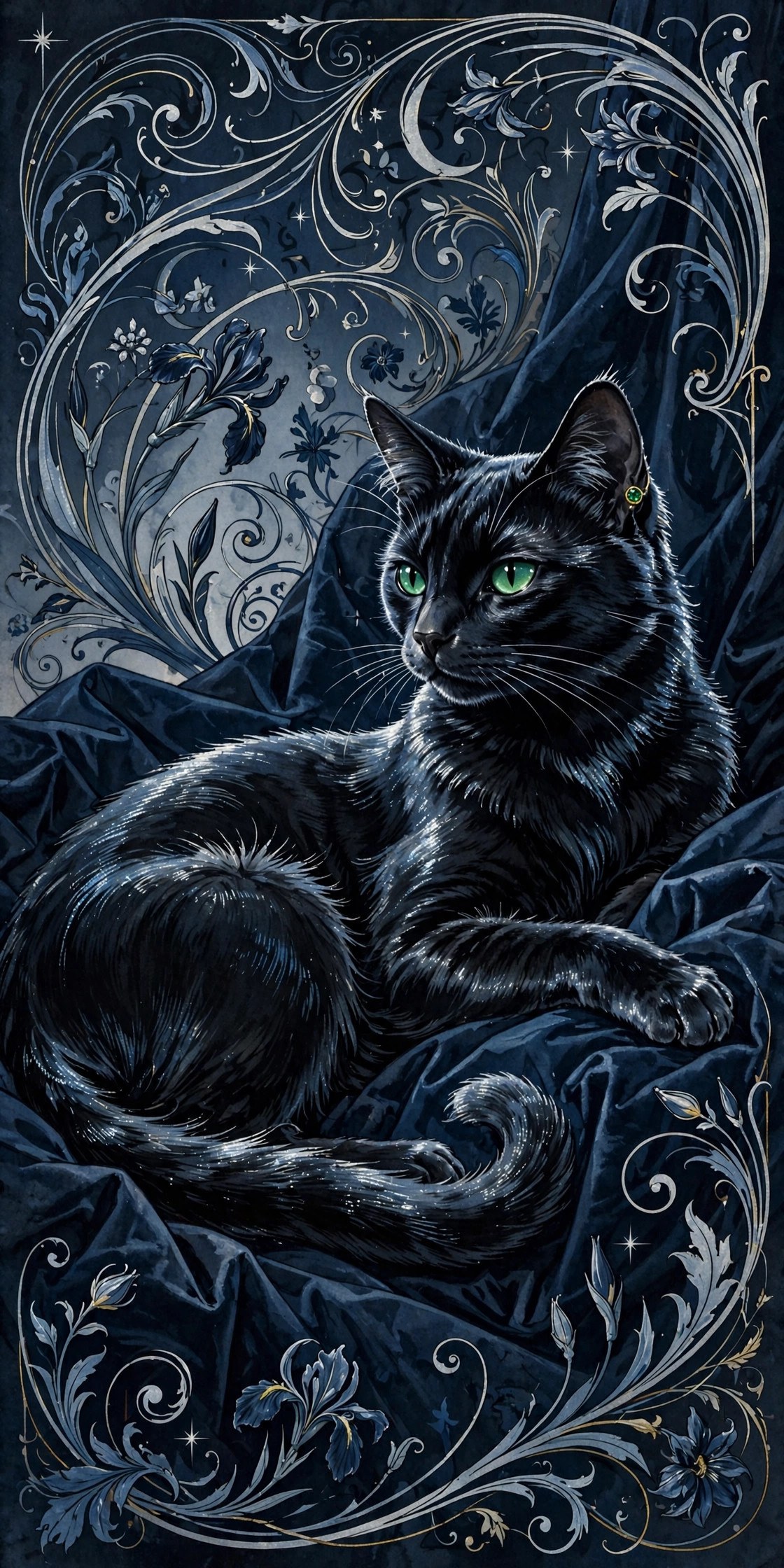 AI art-nouveau portrait of Velvet Damnation Cat Jon, a velvet-black cat with emerald eyes