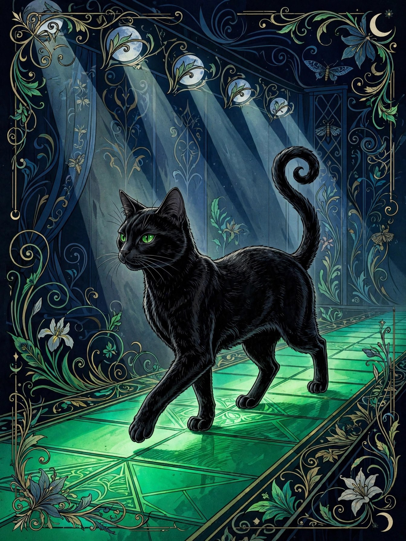 AI art-nouveau illustration of Velvet Damnation Cat Jon strutting a runway of emerald light