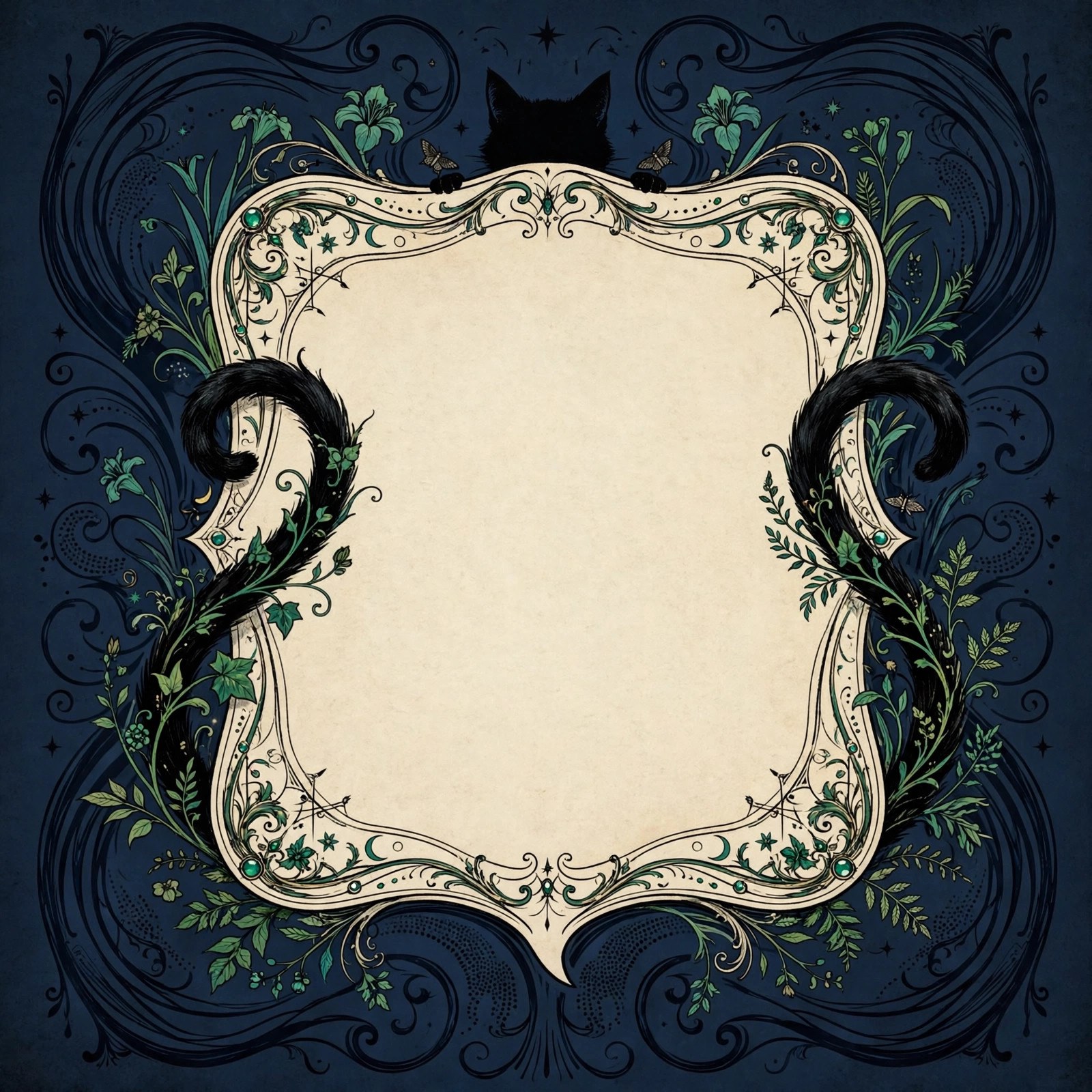 AI art-nouveau illustration of a chat window framed by curling cat tails