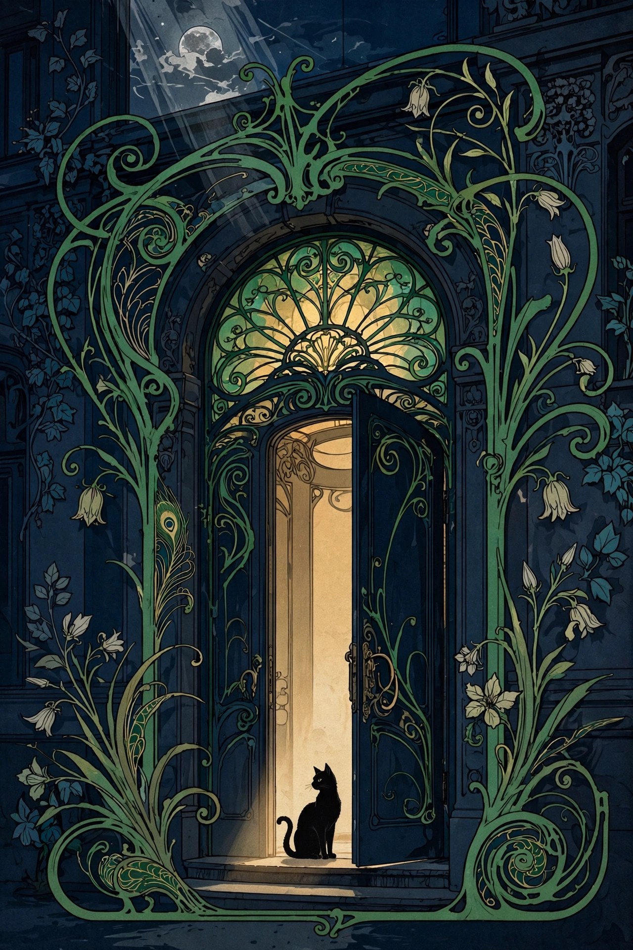AI art-nouveau illustration of a midnight-blue club doorway with a cat silhouette