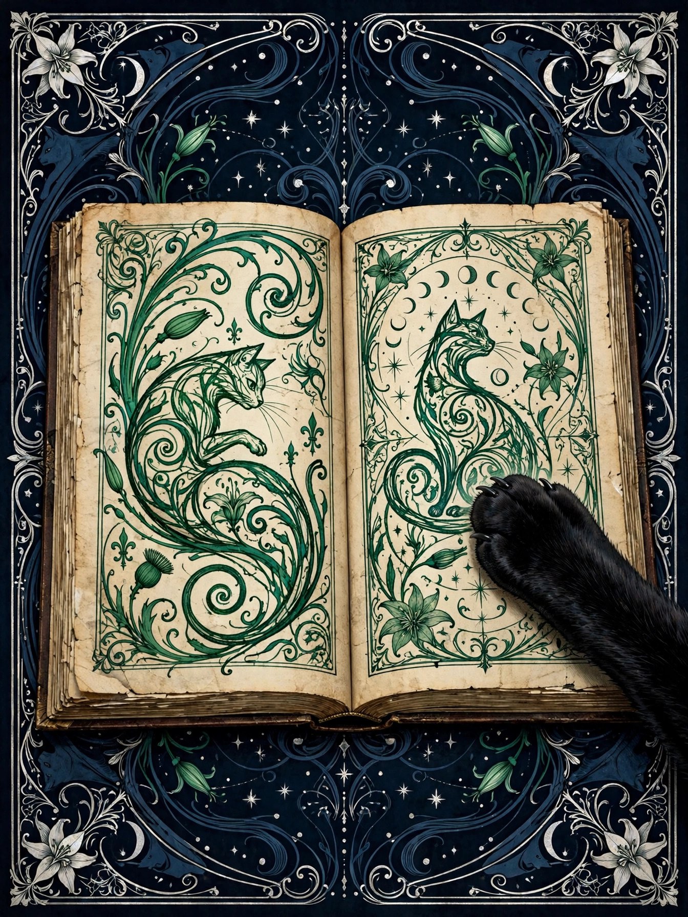 AI art-nouveau illustration of an open grimoire with cat motifs and emerald ink