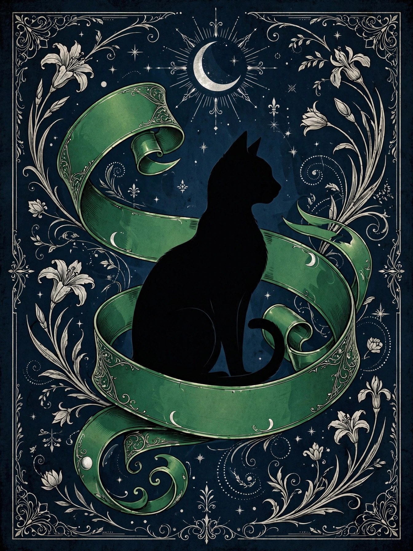 AI art-nouveau illustration of an emerald speech ribbon curling around a cat silhouette