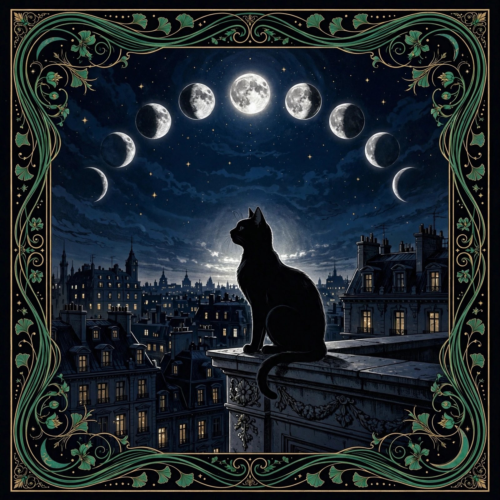 AI art-nouveau illustration of a black cat's silhouette against a moonlit city rooftop