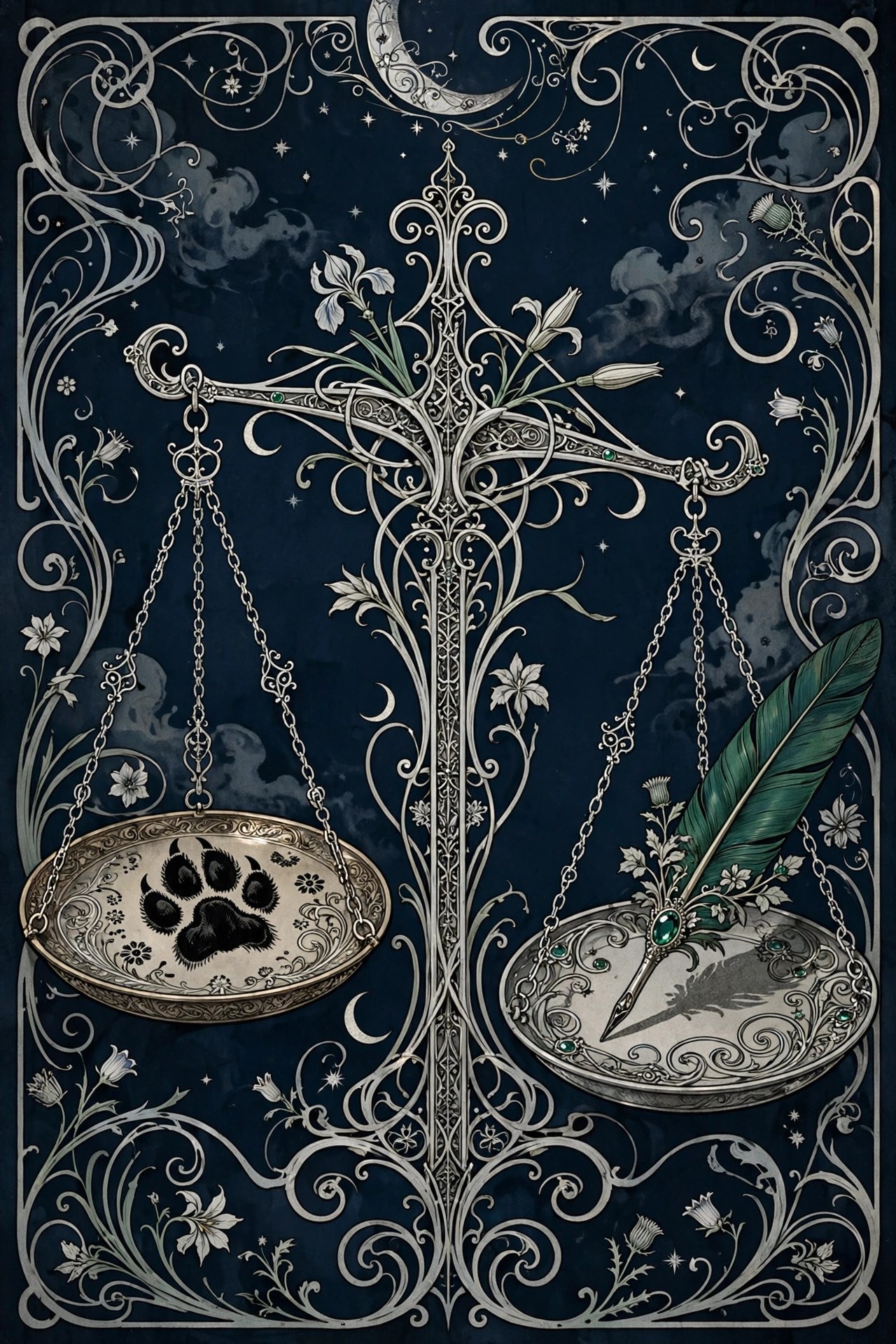AI art-nouveau illustration of a scale balancing a paw print and a quill