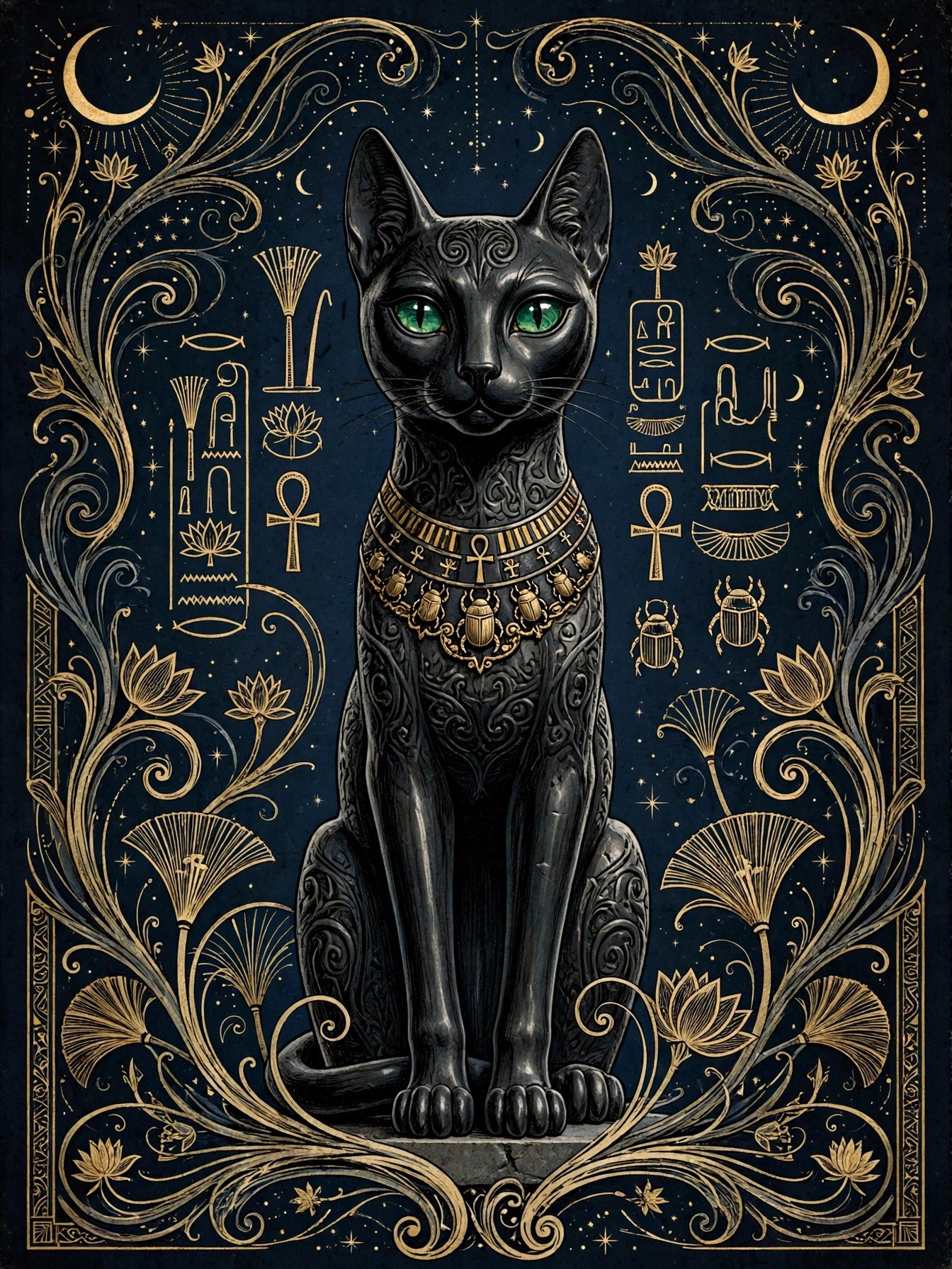 AI art-nouveau illustration of an Egyptian-style cat statue among hieroglyph-like motifs