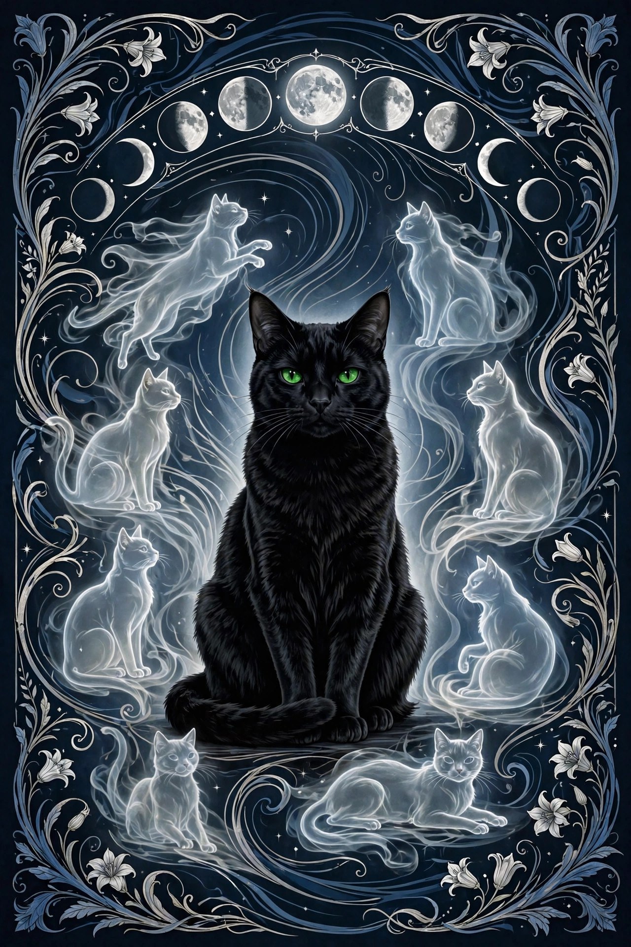 AI art-nouveau illustration of Velvet Damnation Cat Jon with nine ghostly cat silhouettes