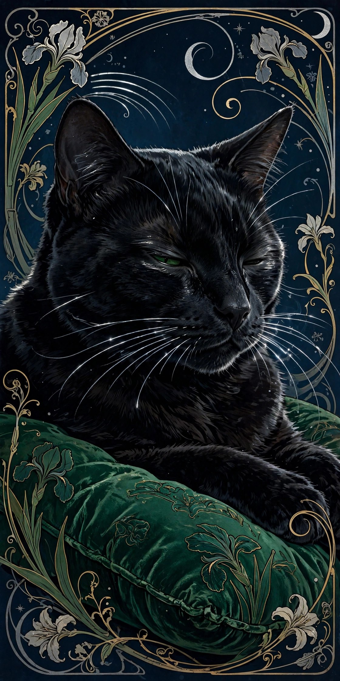 AI art-nouveau character portrait of Velvet Damnation Cat Jon reclining amid velvet drapes