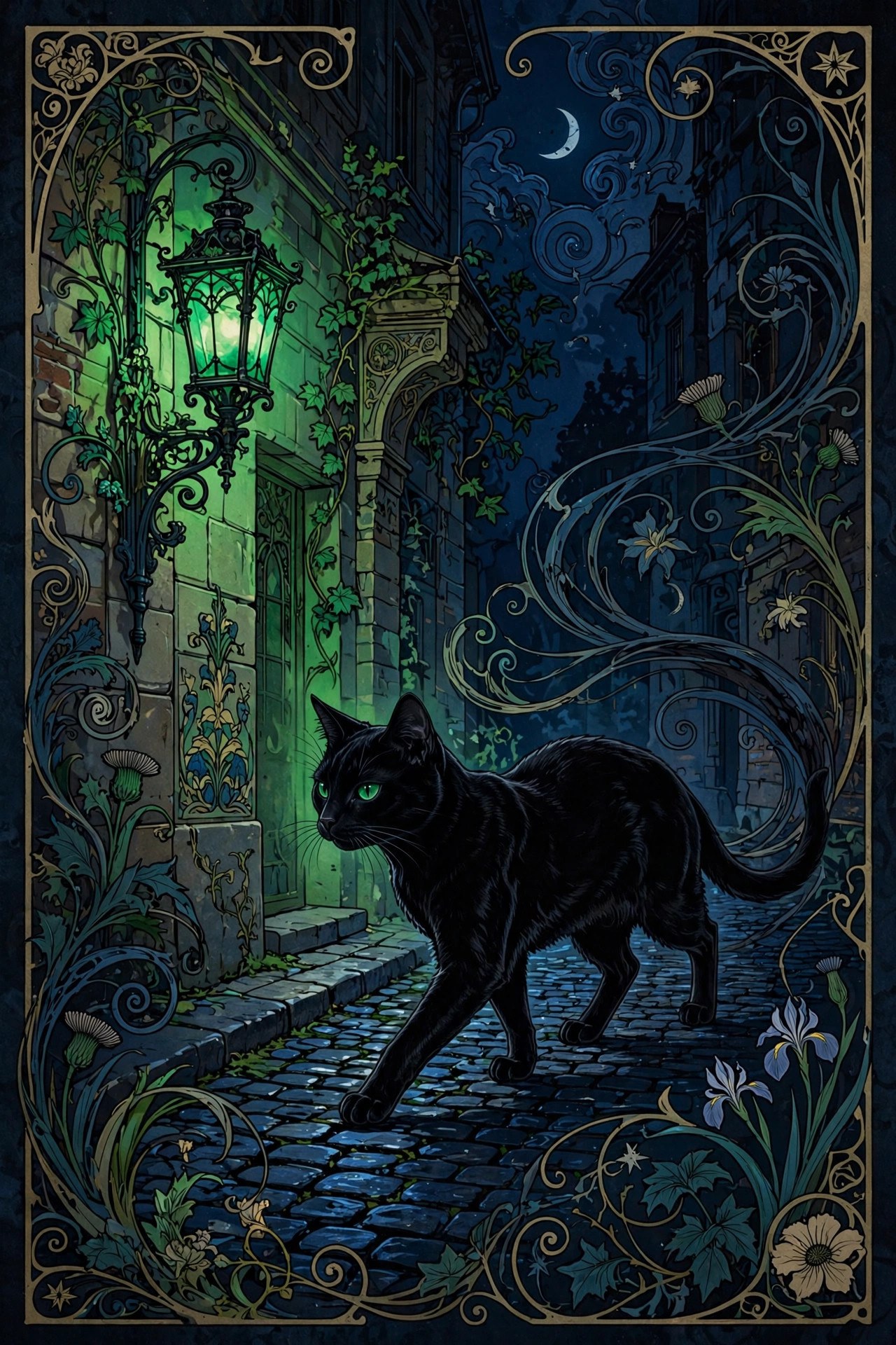 AI art-nouveau illustration of Velvet Damnation Cat Jon prowling a moonlit alley