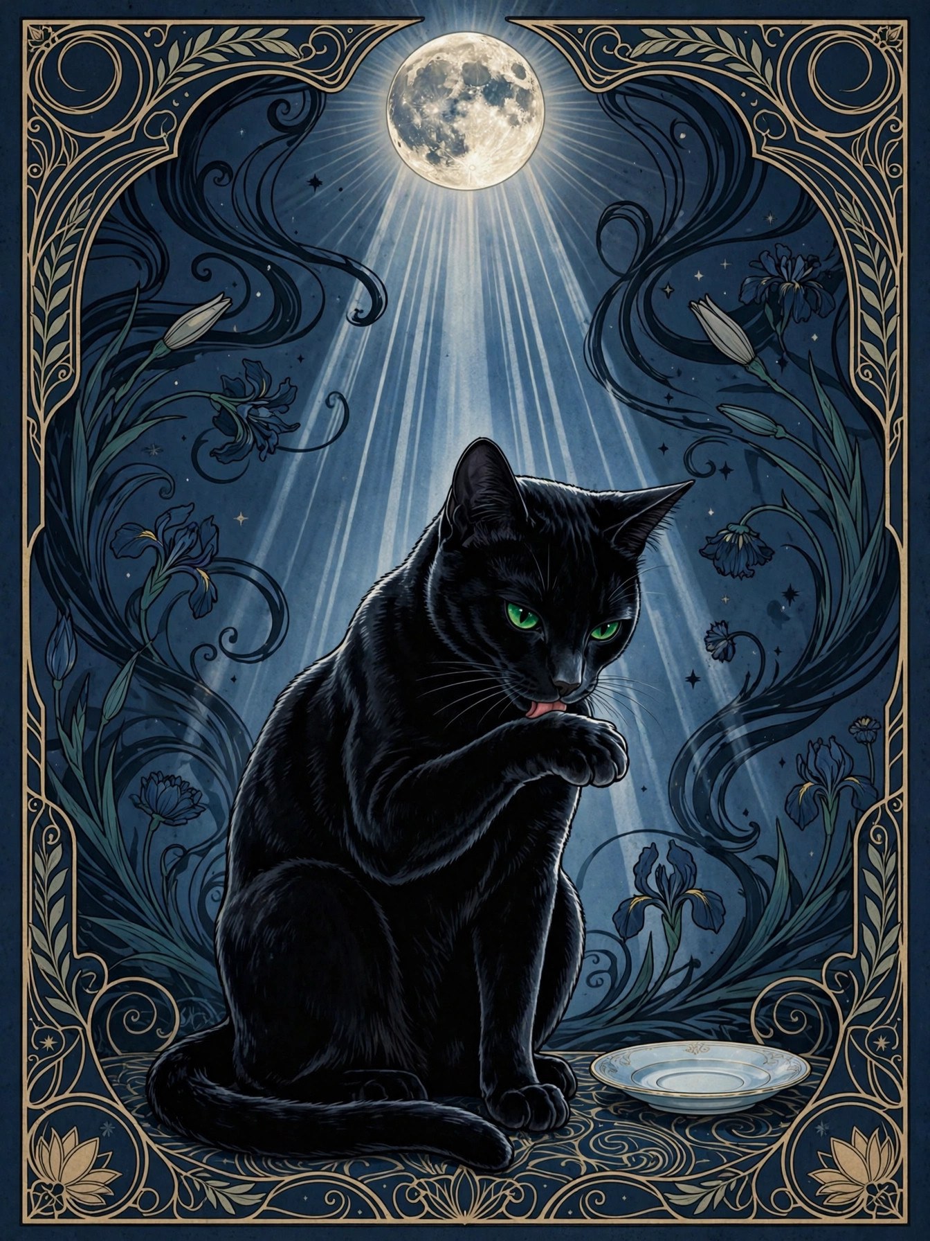 AI art-nouveau illustration of Velvet Damnation Cat Jon performing a moonlit grooming ritual