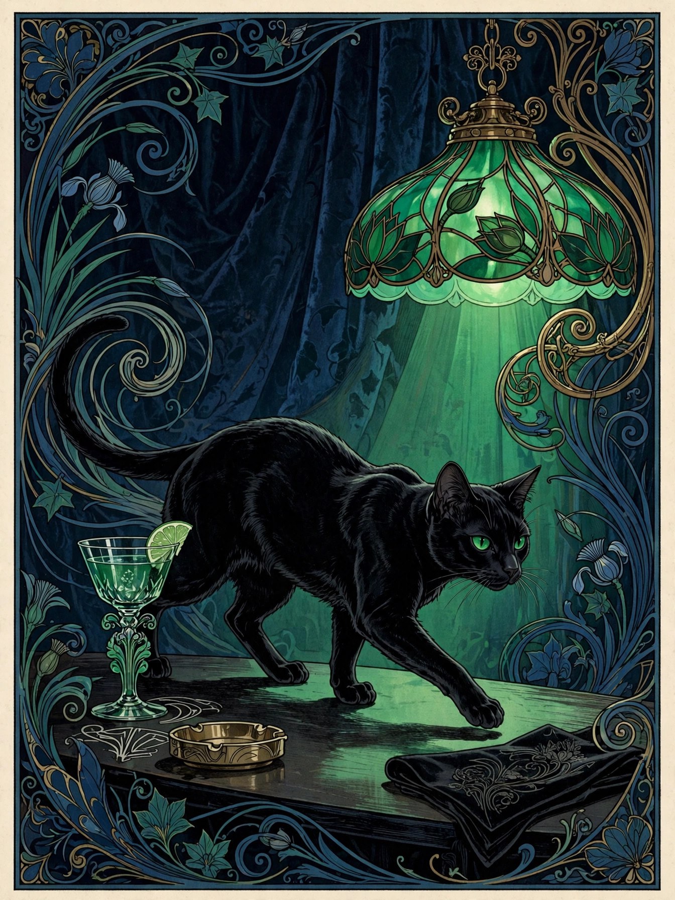 AI art-nouveau illustration of Velvet Damnation Cat Jon mid-prowl across a club table