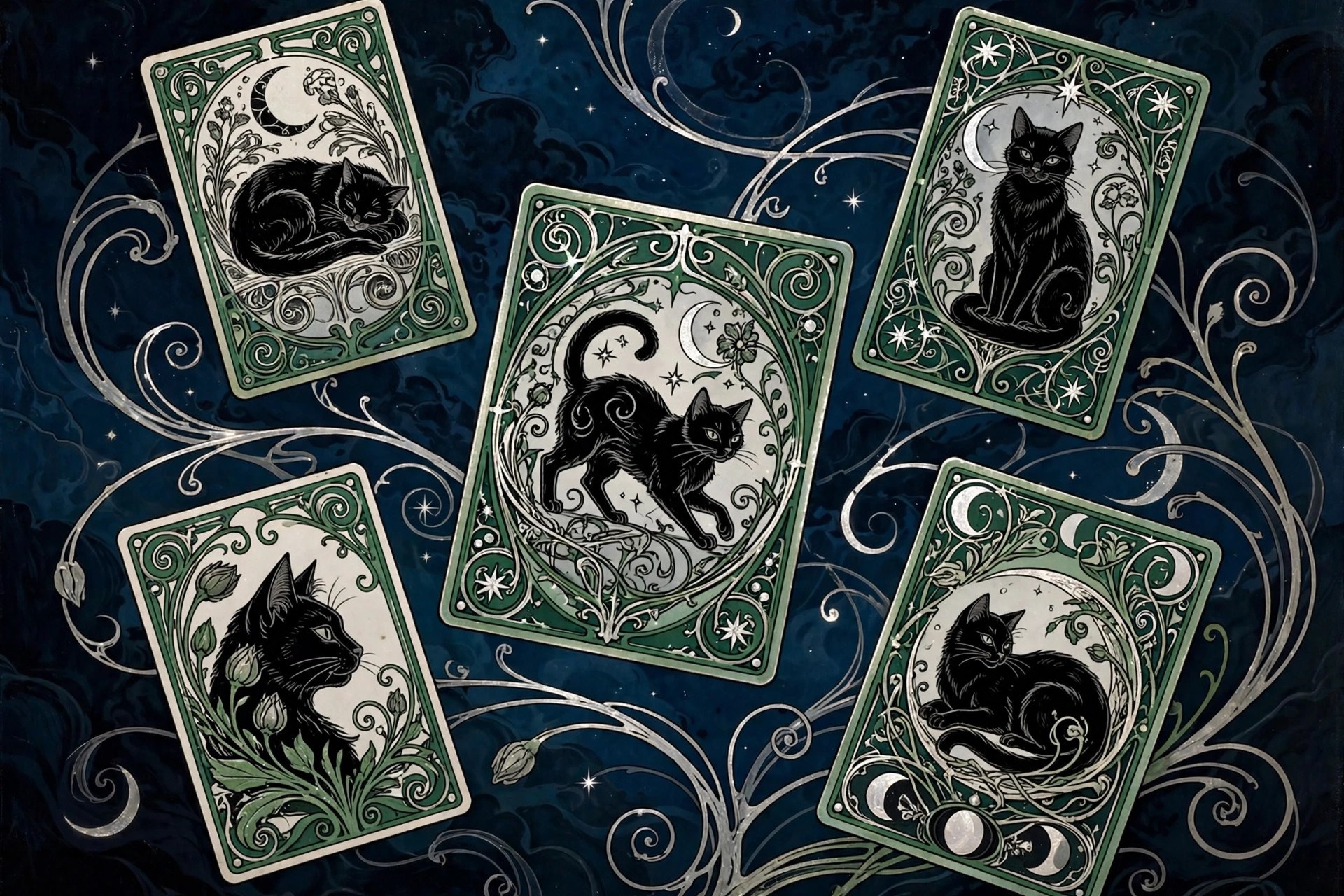 AI art-nouveau illustration of floating social cards with cat motifs in emerald frames