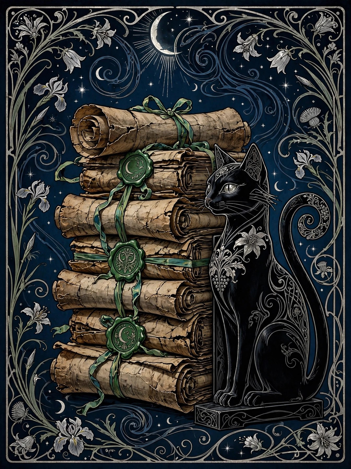 AI art-nouveau illustration of stacked scrolls and a cat-shaped bookend