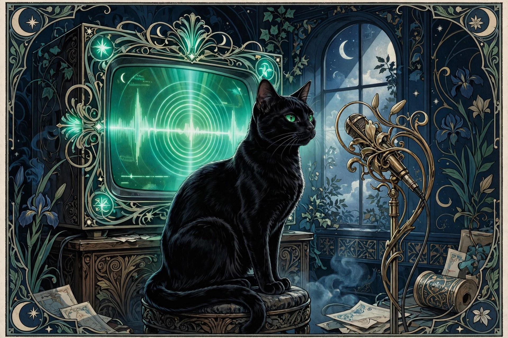 AI art-nouveau illustration of Velvet Damnation Cat Jon before a glowing broadcast screen