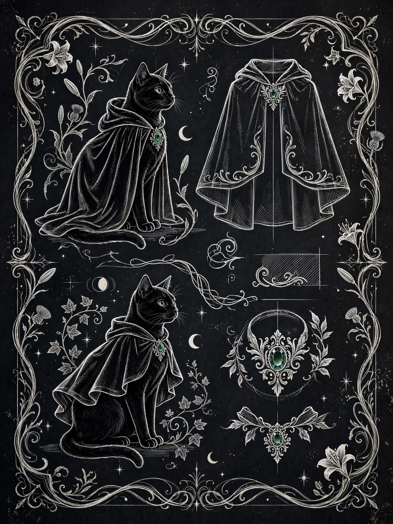 AI art-nouveau illustration of fashion sketches of a cat's velvet wardrobe