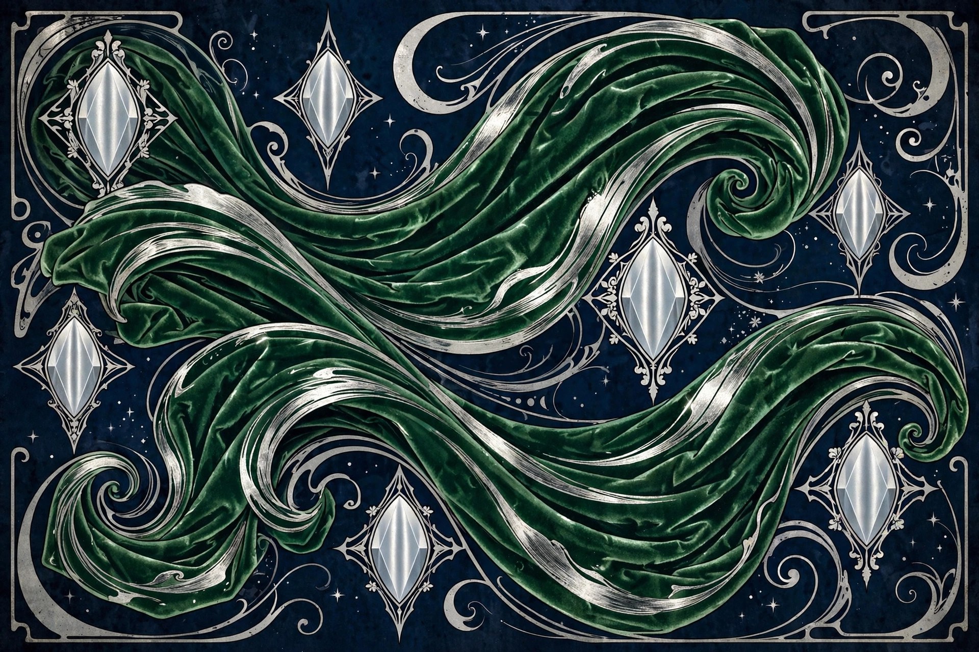 AI art-nouveau illustration of emerald velvet waves and cat-eye motifs