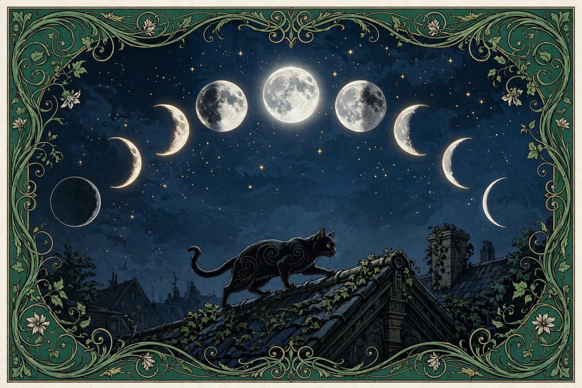 AI art-nouveau illustration of nine moons in phases above a prowling cat