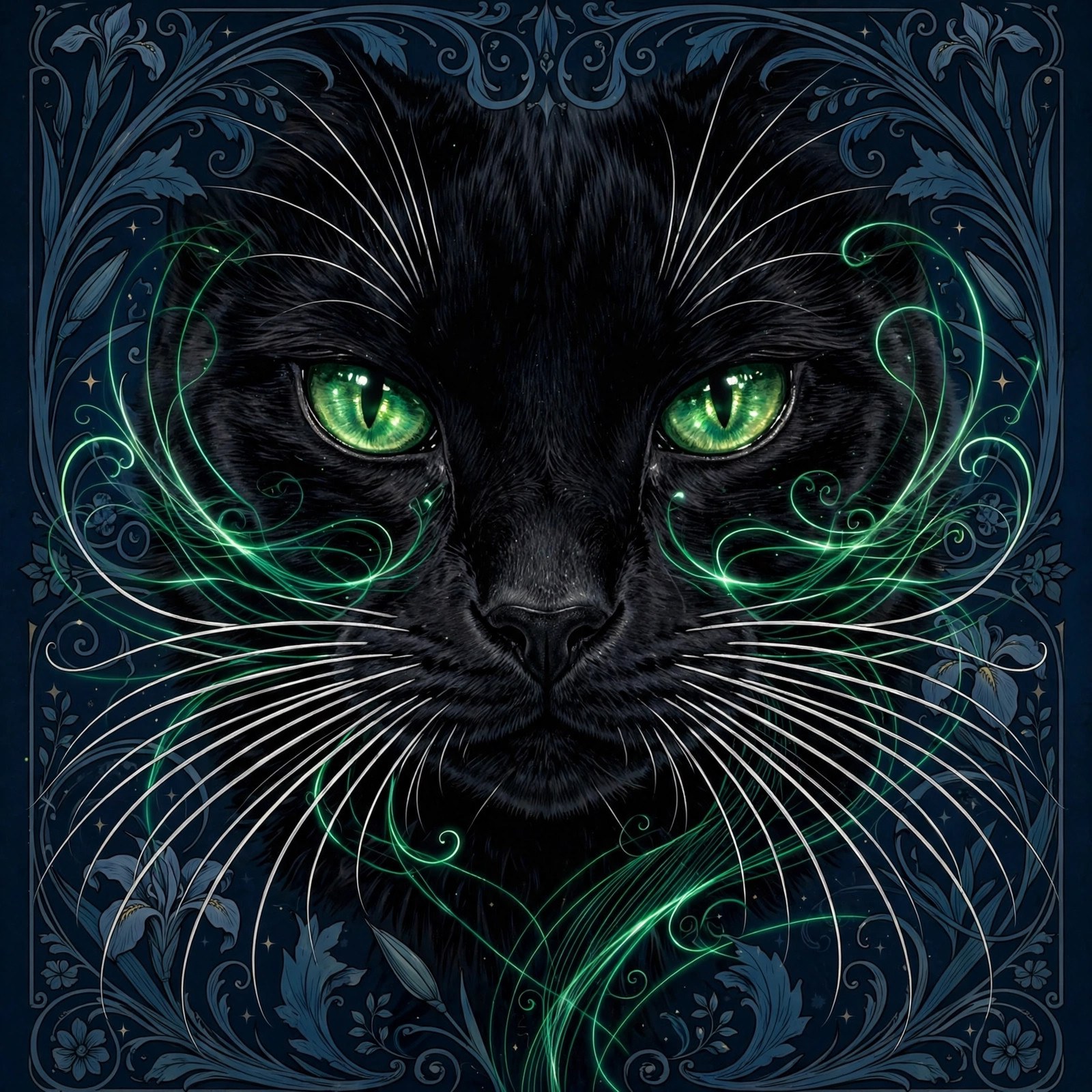 AI art-nouveau close-up illustration of a black cat's face with emerald whisker-lines