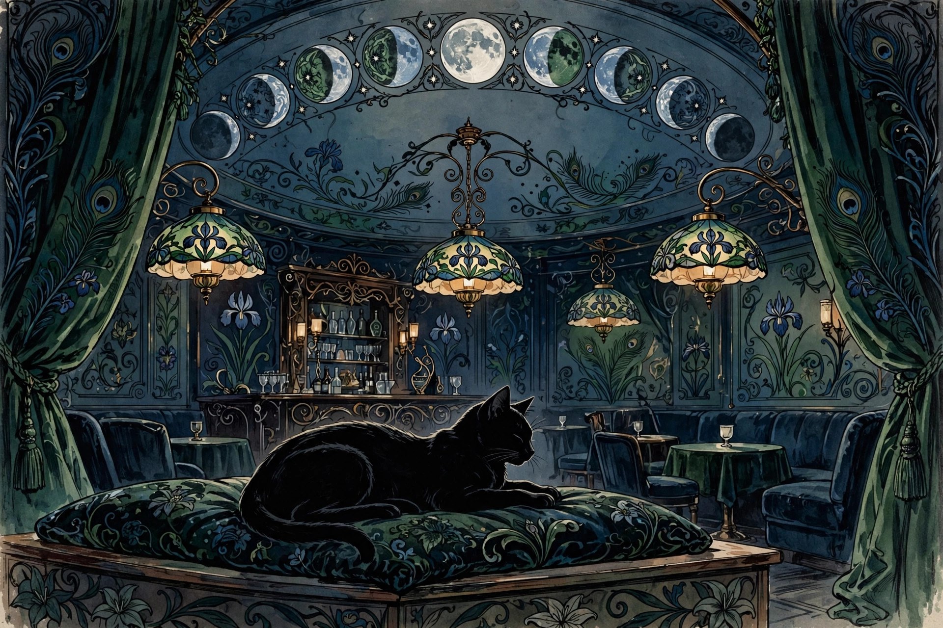 AI art-nouveau illustration of a dark glamorous nightclub interior in midnight blue and emerald