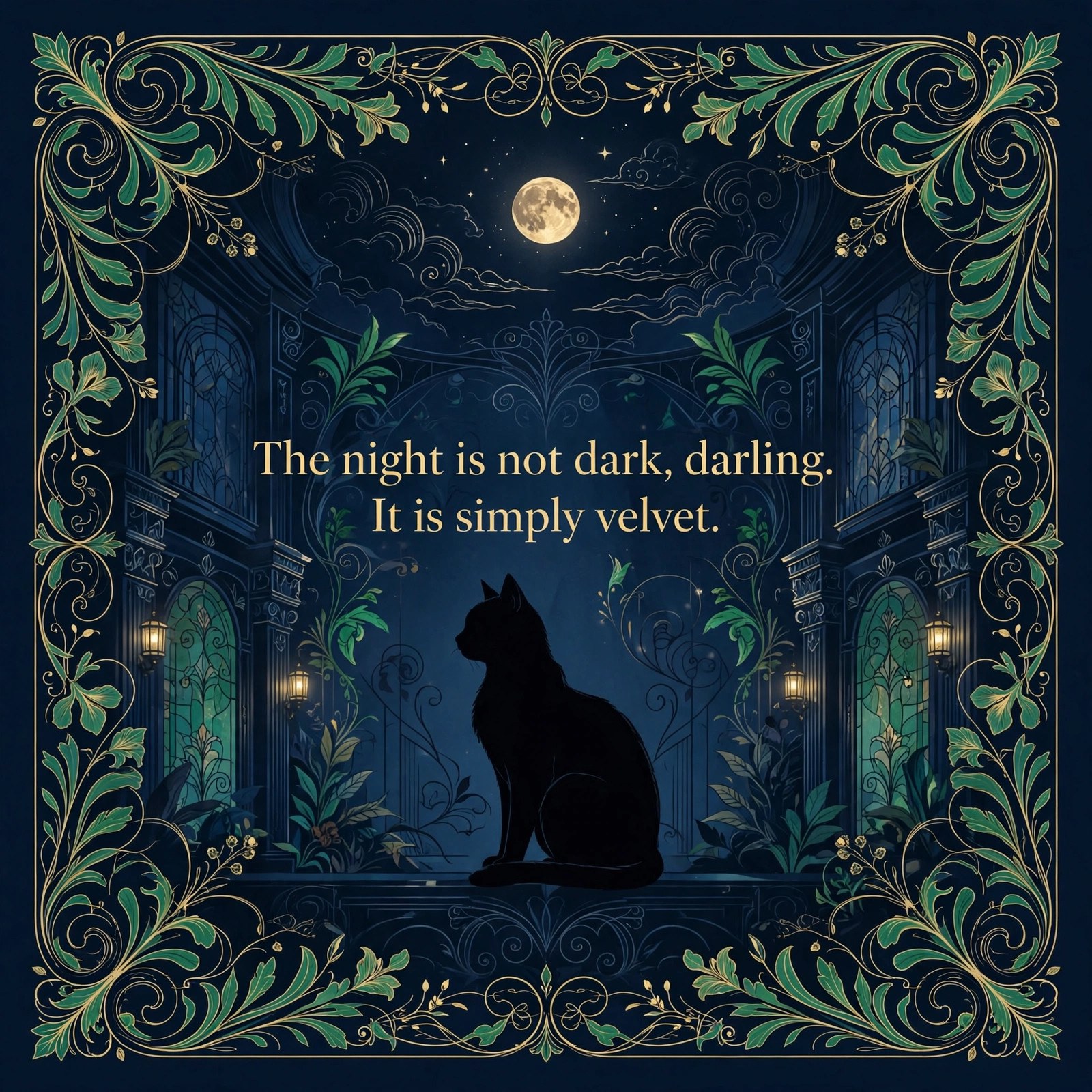 Cat Jon social card: a velvet-black cat silhouette with the line about the night being velvet