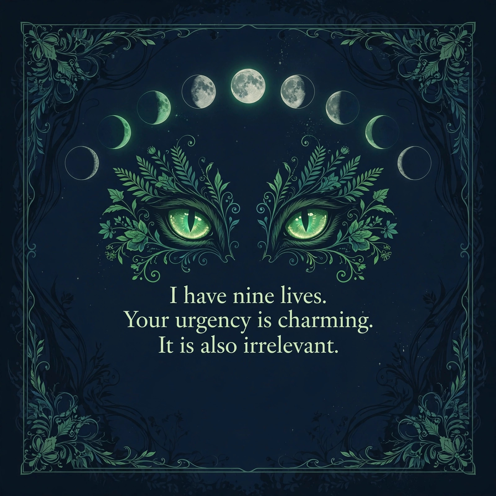 Cat Jon social card: emerald cat eyes in the dark with the nine-lives line