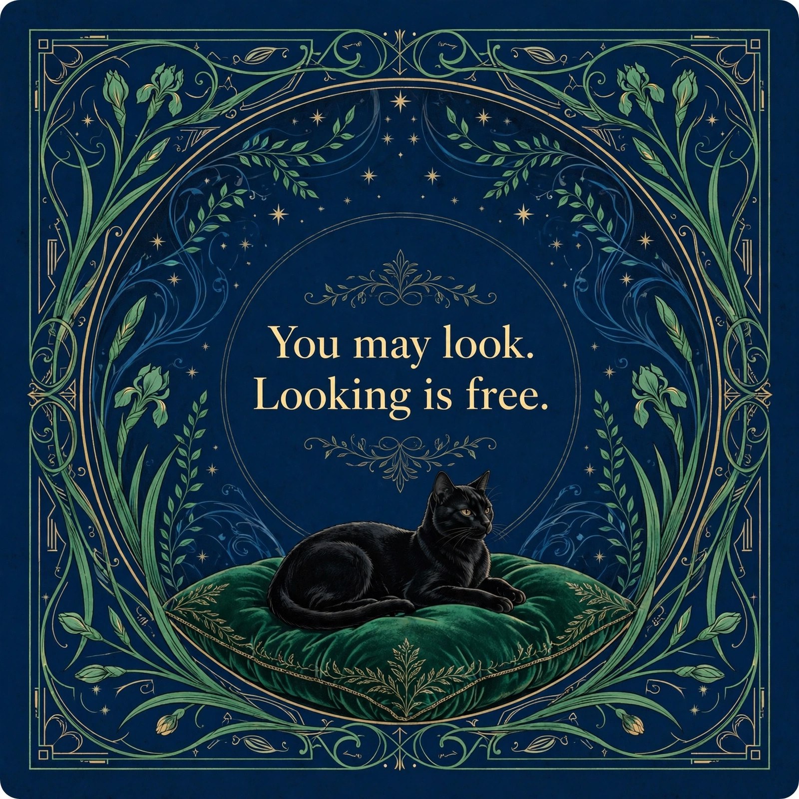 Cat Jon social card: a black cat on a velvet cushion with the line about looking being free