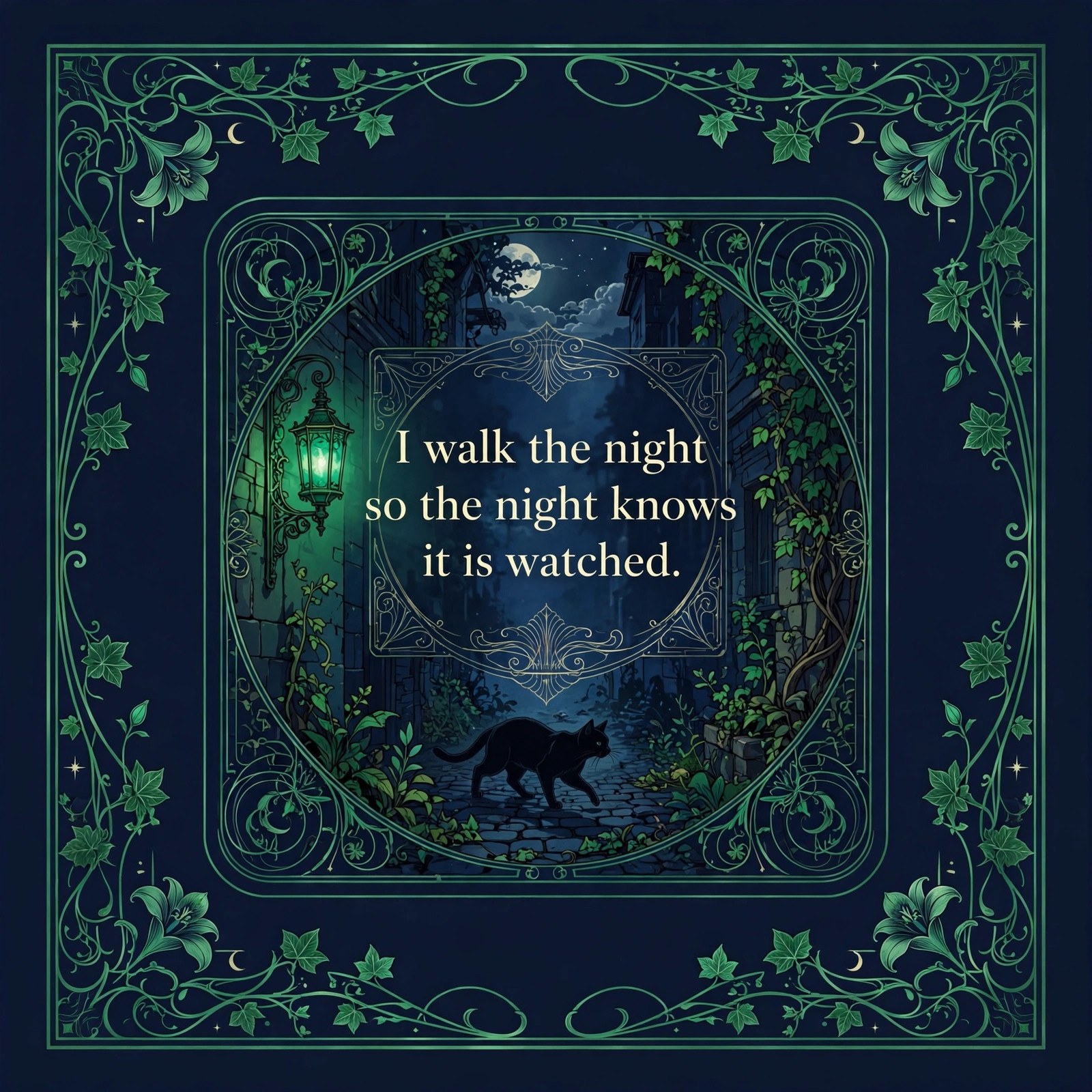 Cat Jon social card: a cat prowling a moonlit alley with the night-watch line
