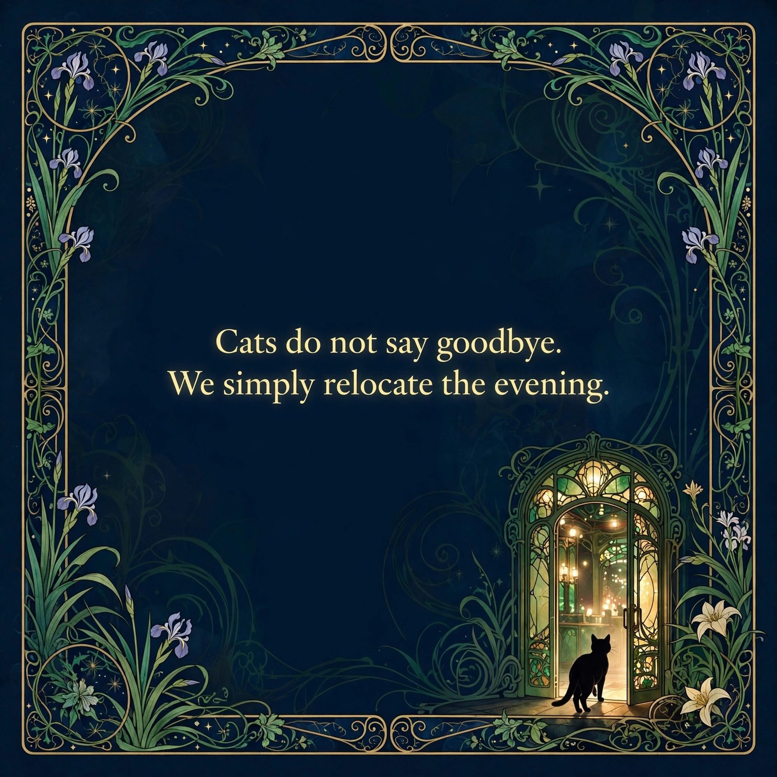 Cat Jon social card: a cat silhouette at a doorway with the goodbye line