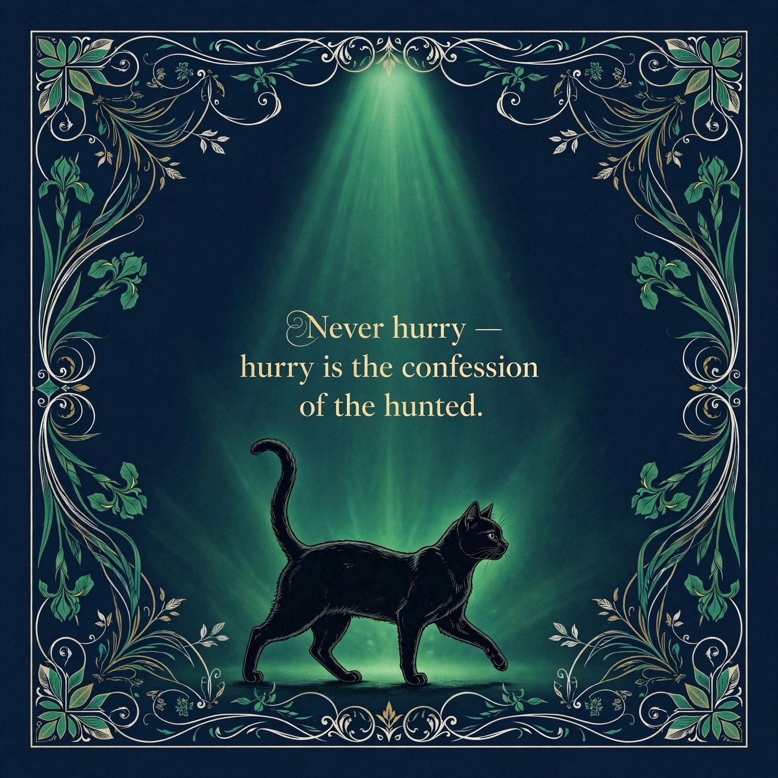 Cat Jon social card: a strutting cat with the line about never hurrying