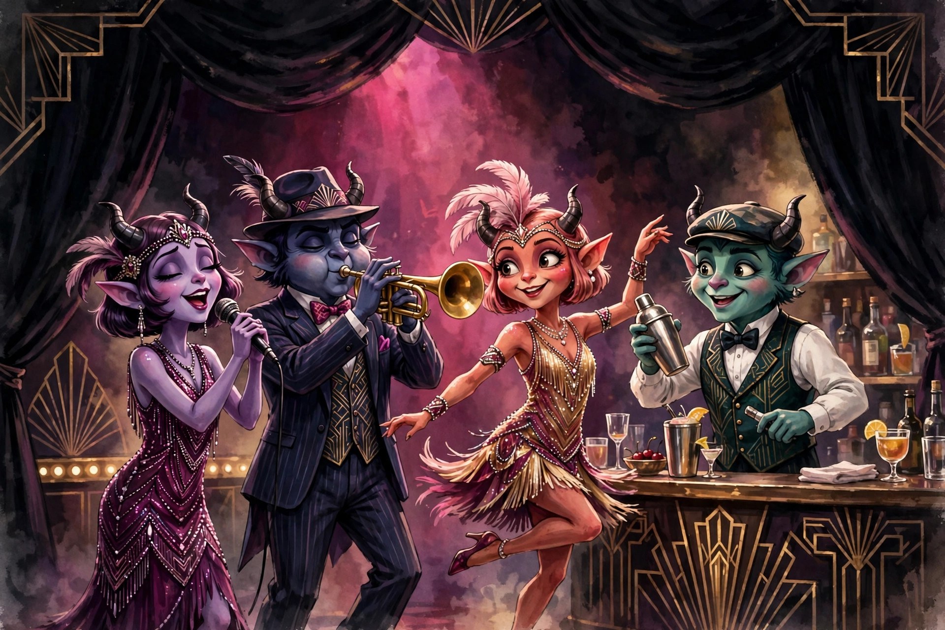 Stylized animated demon cabaret performers in 1920s deco costumes on stage